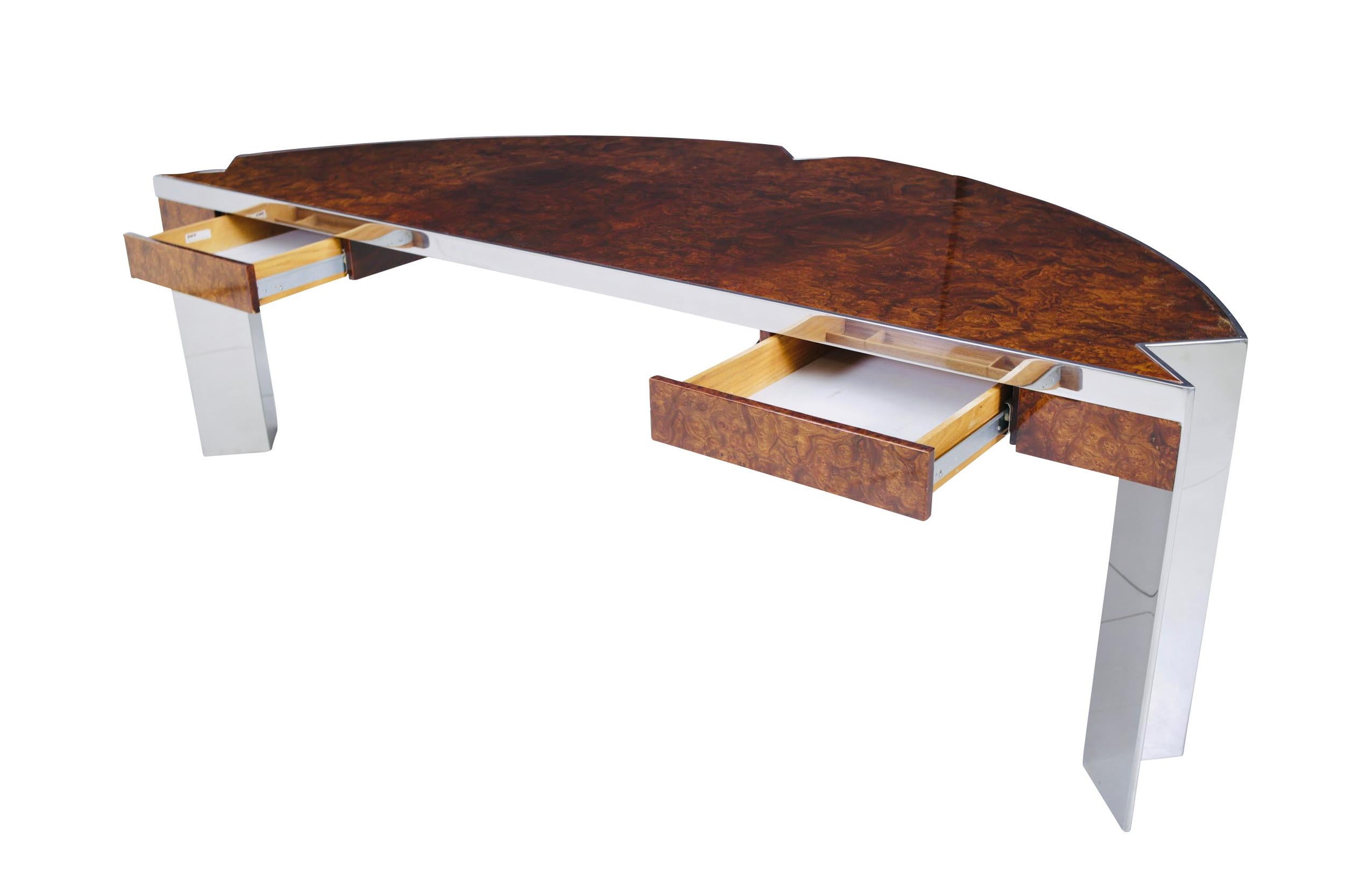 ‘Mezzaluna” Pace Collection Burl Wood and Stainless Steel Desk In Good Condition In Chicago, IL
