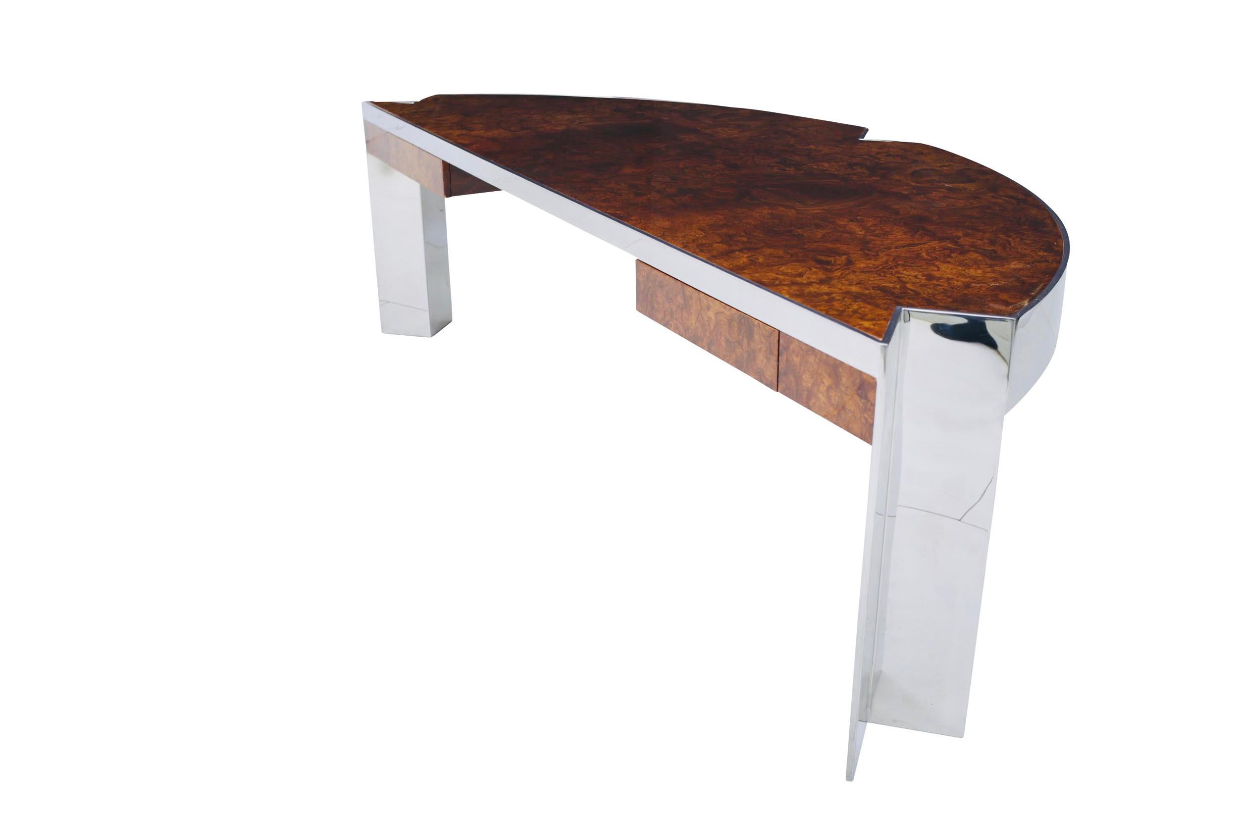Late 20th Century ‘Mezzaluna” Pace Collection Burl Wood and Stainless Steel Desk