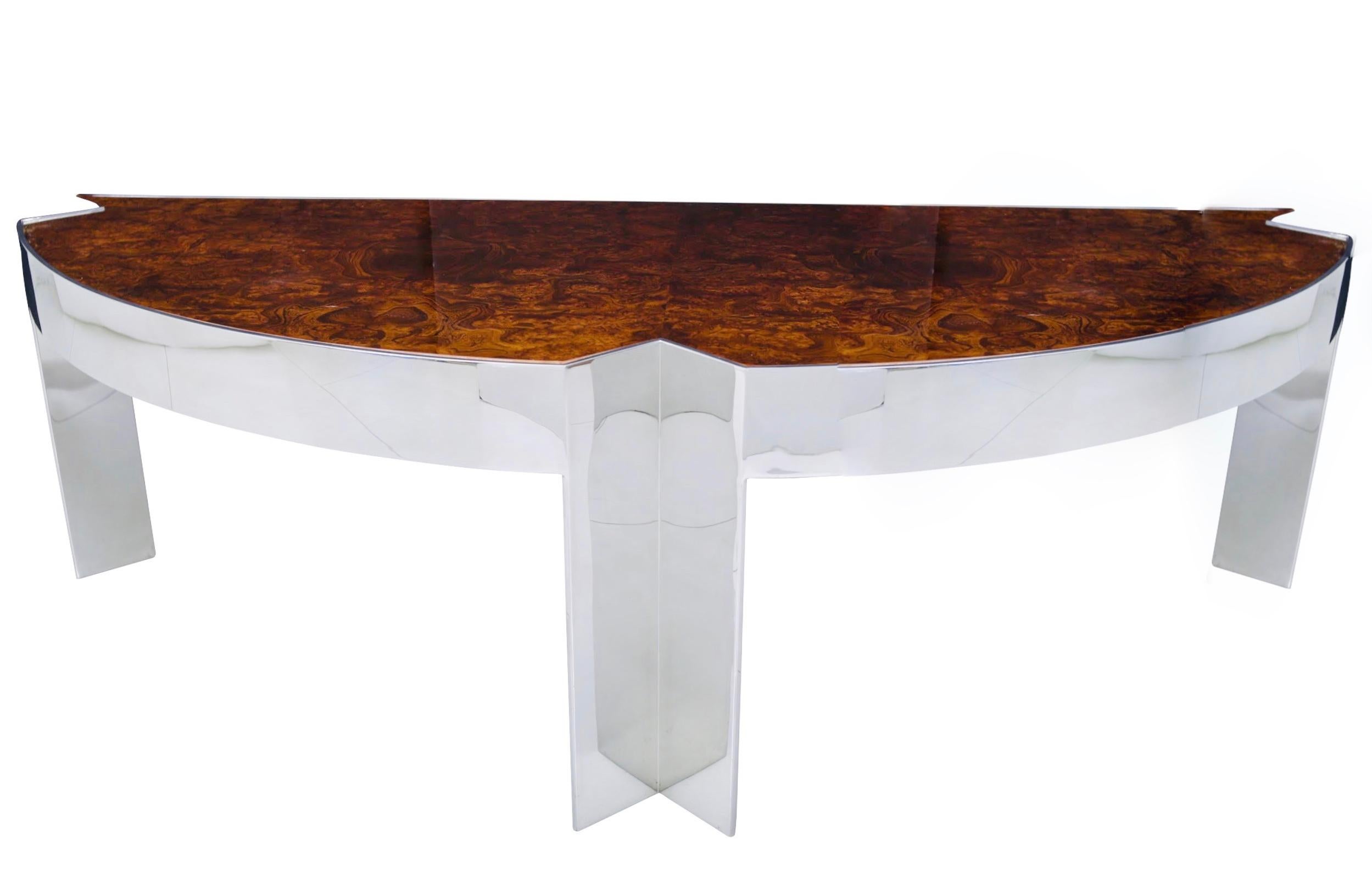 ‘Mezzaluna” Pace Collection Burl Wood and Stainless Steel Desk 1
