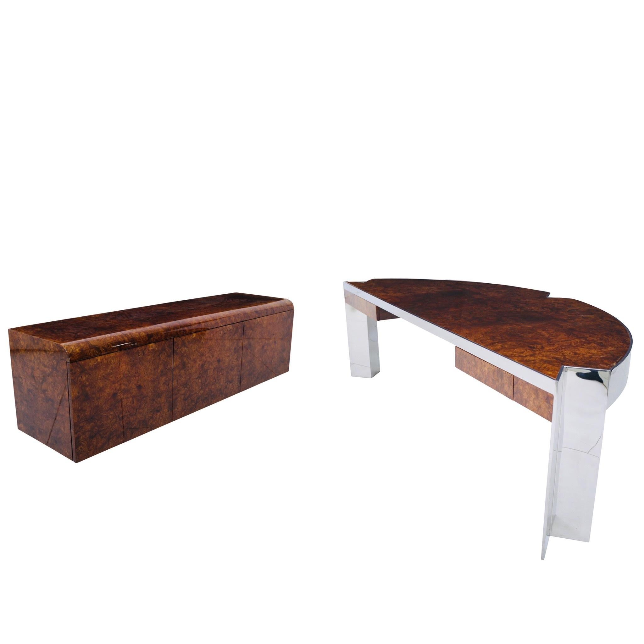 ‘Mezzaluna” Pace Collection Burl Wood and Stainless Steel Desk 2