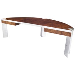Vintage ‘Mezzaluna” Pace Collection Burl Wood and Stainless Steel Desk