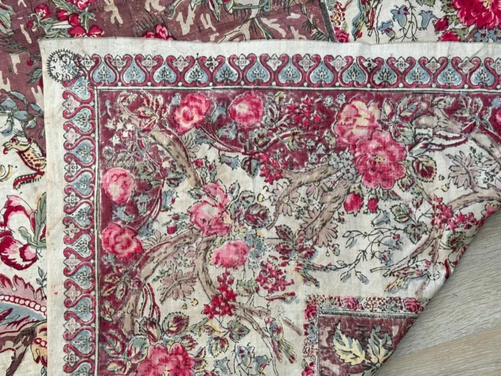 A lovely large Mezzaro wall hanging, c. 1840, typical of Genoa, early 19th Century.  Having classic palampore motif of a mound and try of life densely loaded with flowers and birds in an exotic taste, framed by a large flowered border of peonies,