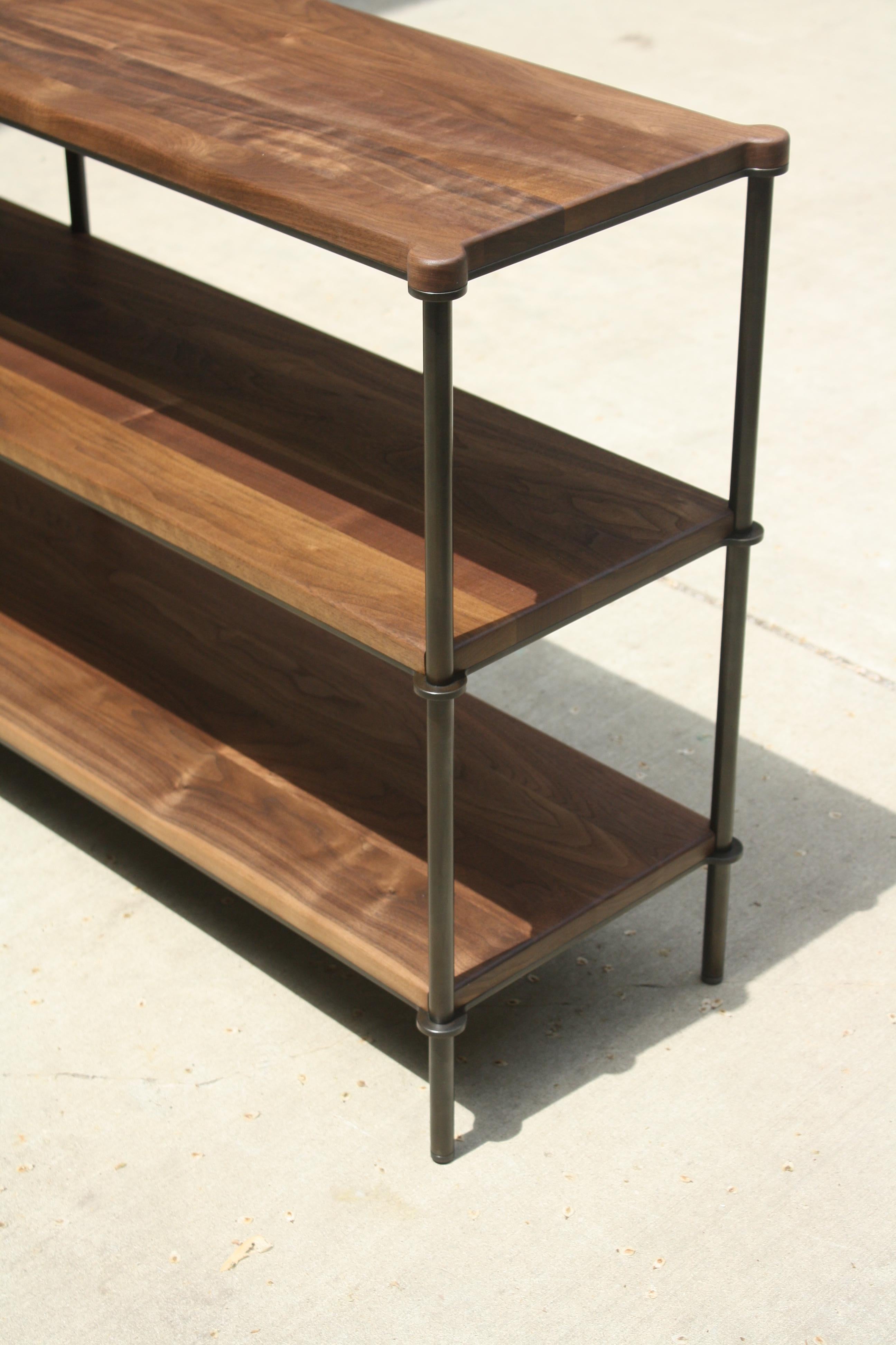 American Mezzo Customizable Metal Console Table with Solid Wood Shelves by Laylo Studio For Sale