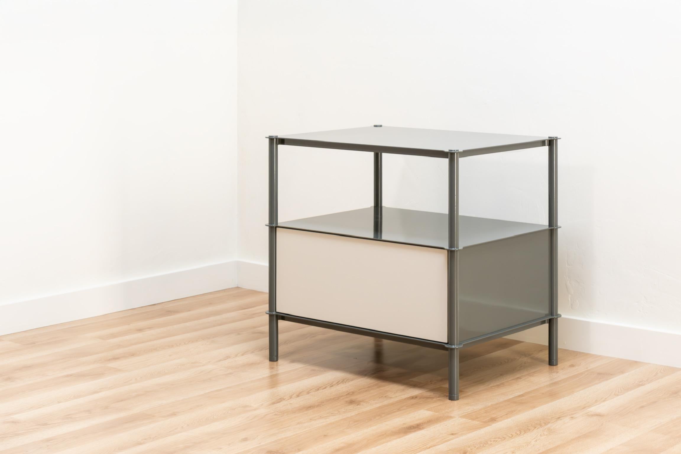 MEZZO STORAGE UNITS BY LAYLO are signified by their gently contoured mezzanines each hand-finished and precisely welded to outboard leveling legs in a formal reference to the architectural gesture of historic corner turrets as well as the small