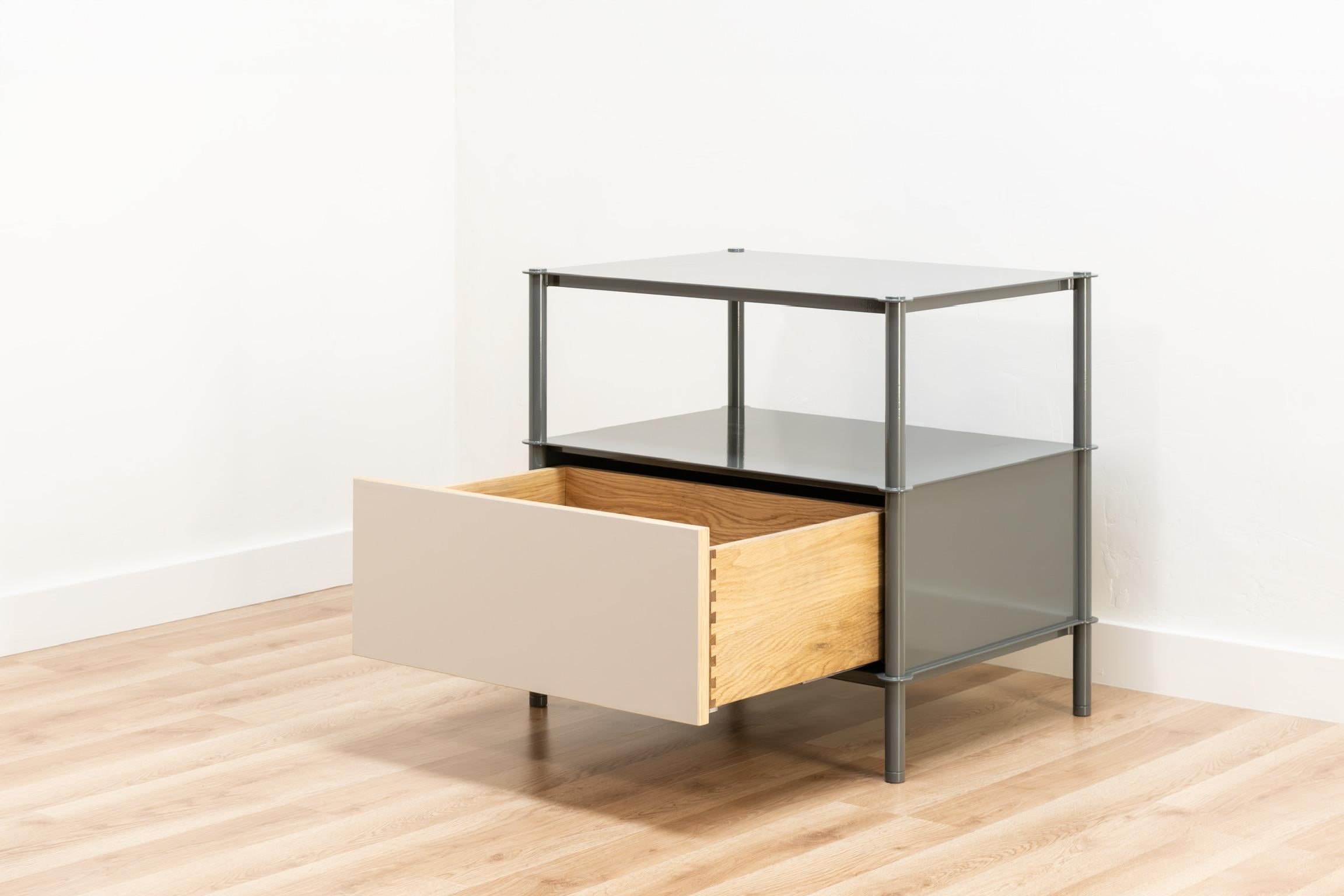 American Mezzo End Table in Powder Coated Steel, Linoleum, and Oak by Laylo Studio For Sale