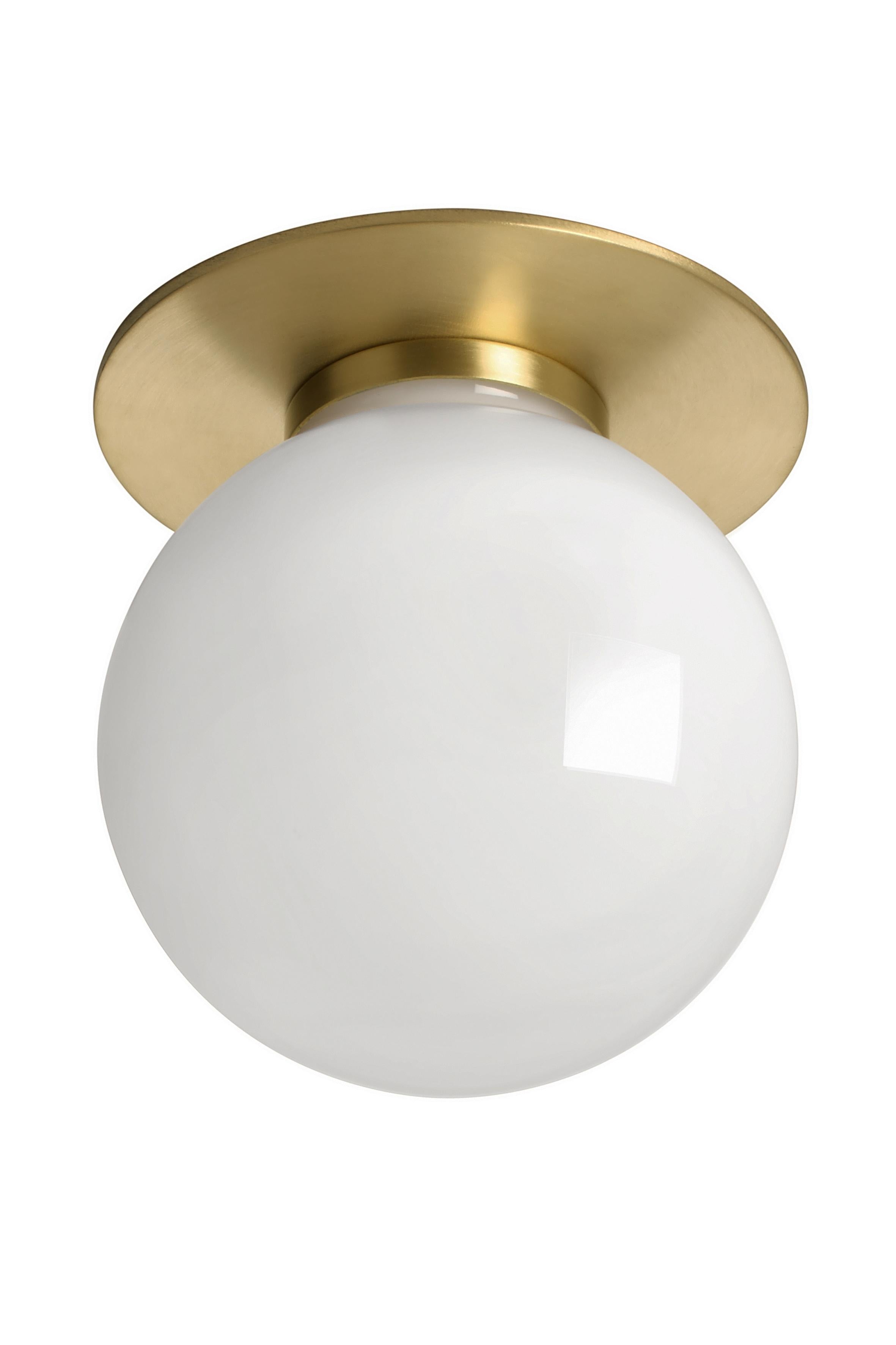 Mezzo Small Flush Lamp by CTO Lighting
Materials: satin brass with opal glass shade
Dimensions: H 13 x W 13 cm 

All our lamps can be wired according to each country. If sold to the USA it will be wired for the USA for instance.
Other sizes