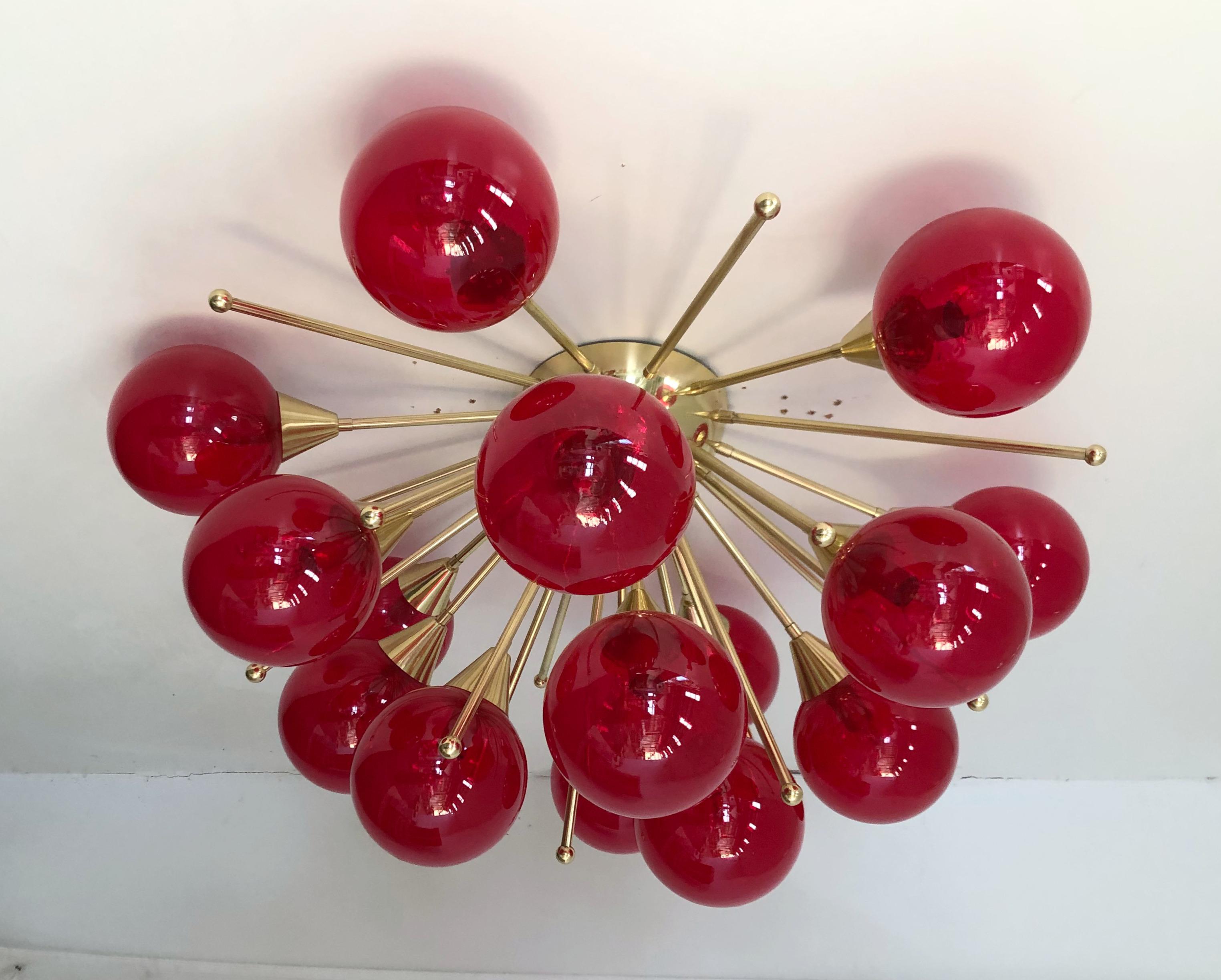 Italian sputnik flush mount with Murano glass globes mounted on solid brass frame
Designed by Fabio Bergomi / Made in Italy
15 lights / E12 or E14 type / max 40W each
Diameter: 35.5 inches / Height: 18 inches
Order Only / This item ships from