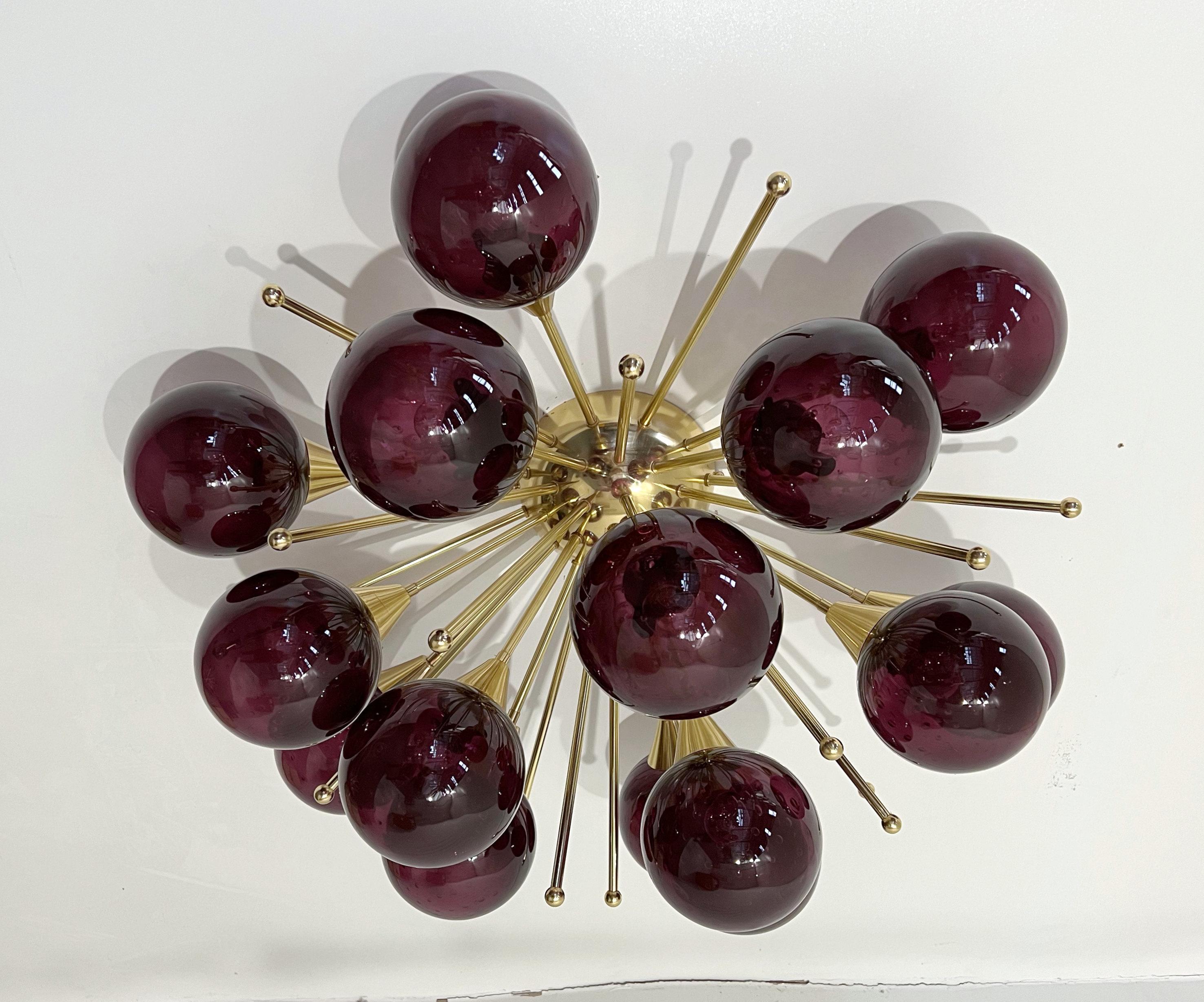 Italian sputnik flush mount with Murano glass globes mounted on solid brass frame
Designed by Fabio Bergomi / Made in Italy
15 lights / E12 or E14 type / max 40W each
Diameter: 35.5 inches / Height: 18 inches
Order Only / This item ships from