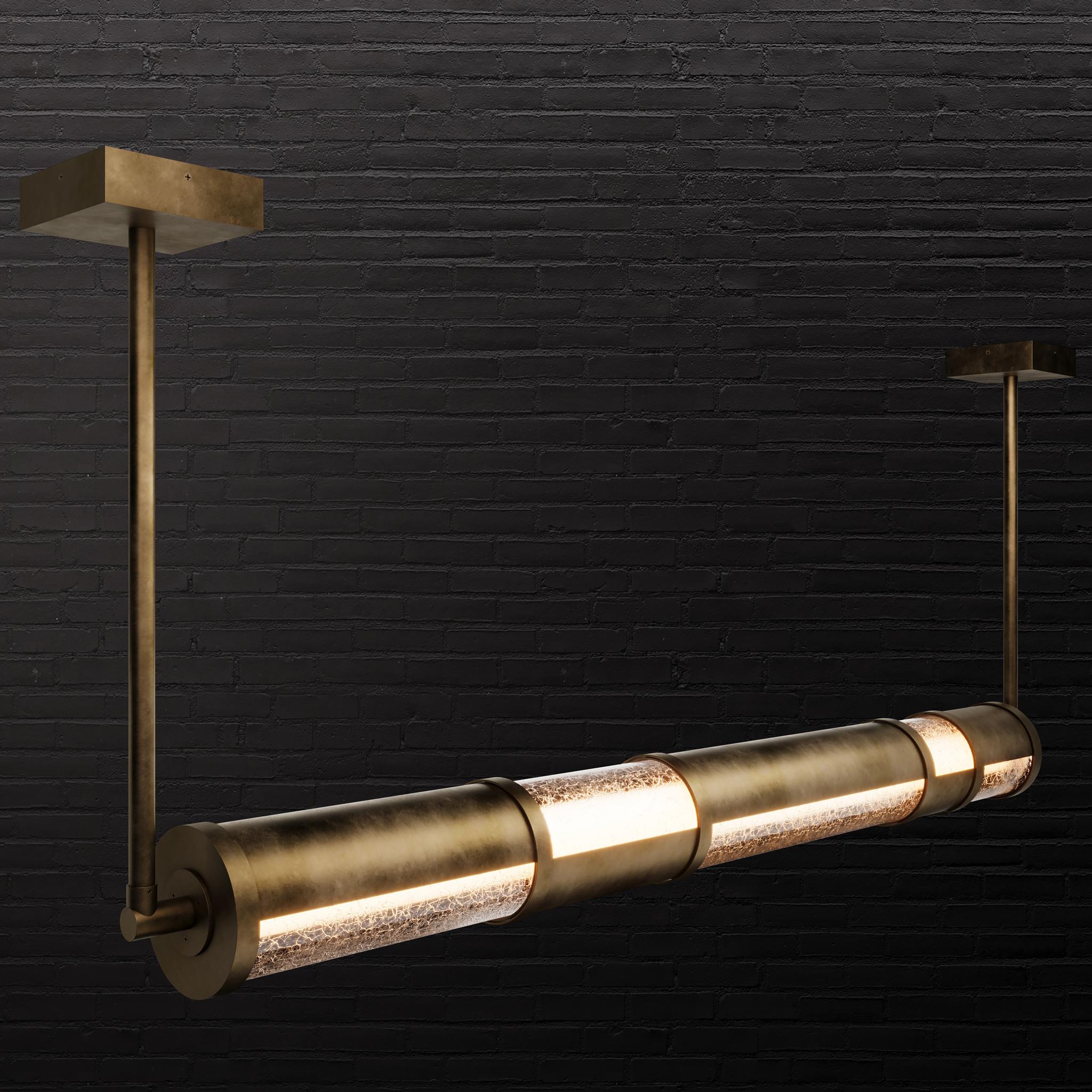 A Mondrian-inspired composition of glowing cristale crackle glass and warm antique brass creates an architectural column as a or torchiere. Custom Sizes Available.

Models in the collection are individually hand-crafted by the skilled artisans in