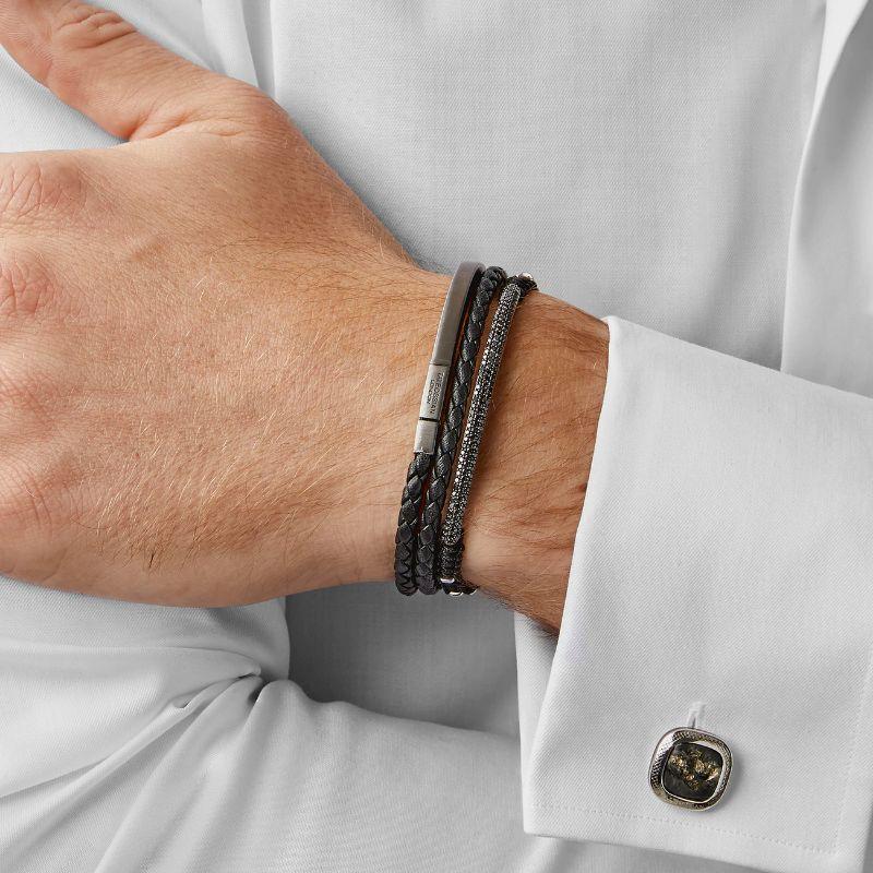 Men's Mezzo Noir Bracelet in Black Leather with Black Rhodium Sterling Silver, Size L For Sale