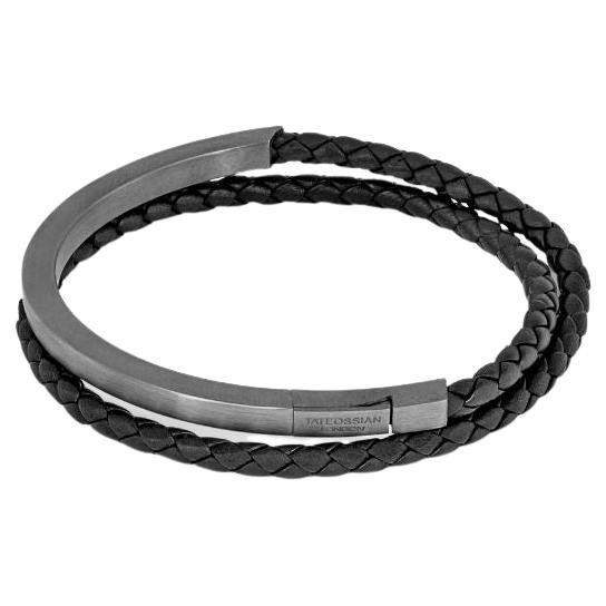Bracelet Mezzo Noir en cuir noir et argent sterling rhodié noir, taille S en vente