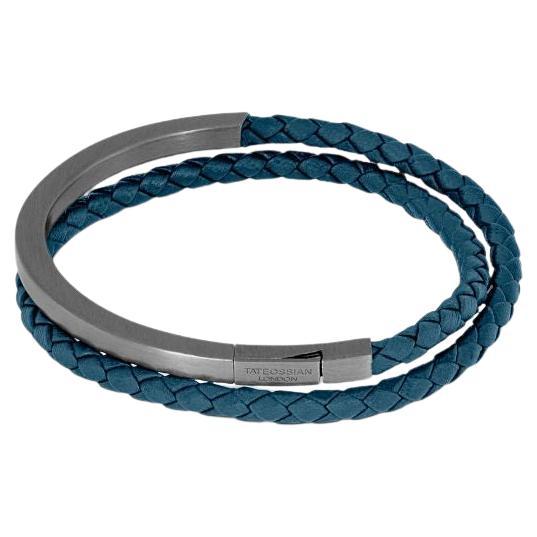 Bracelet Mezzo Noir en cuir bleu marine et argent sterling rhodié noir, taille S