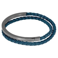 Bracelet Mezzo Noir en cuir bleu marine et argent sterling rhodié noir, taille S