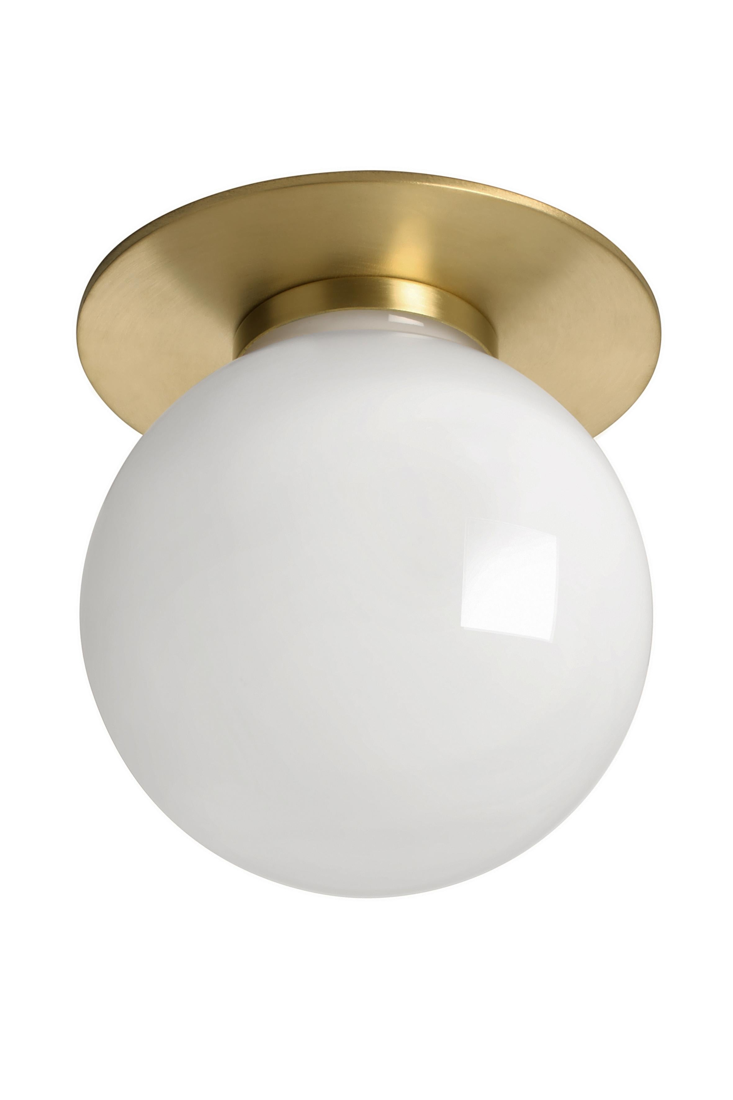 Mezzo small flush lamp by CTO Lighting
Materials: satin brass with opal glass shade
Dimensions: H 13 x W 13 cm 

All our lamps can be wired according to each country. If sold to the USA it will be wired for the USA for instance.
Other sizes
