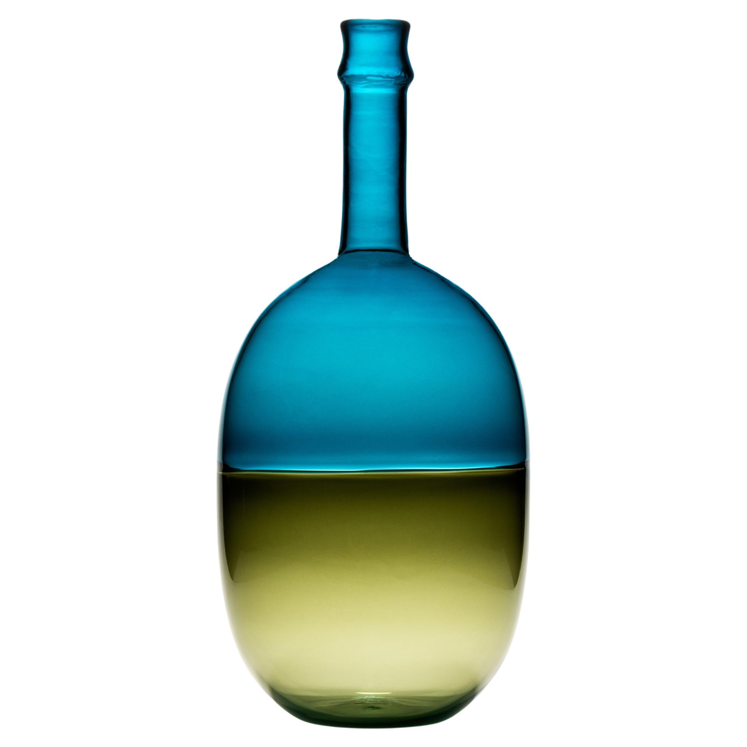 Mezzo Vuoto Bottle -  Indigo and Olive, glass encalmo bottle, "Half Empty"