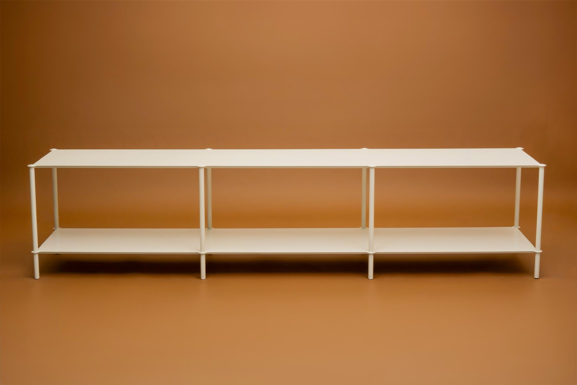 MEZZO SHELVING UNITS BY LAYLO are signified by their gently contoured mezzanines each hand-finished and precisely welded to outboard leveling legs in a formal reference to the architectural gesture of historic corner turrets as well as the small