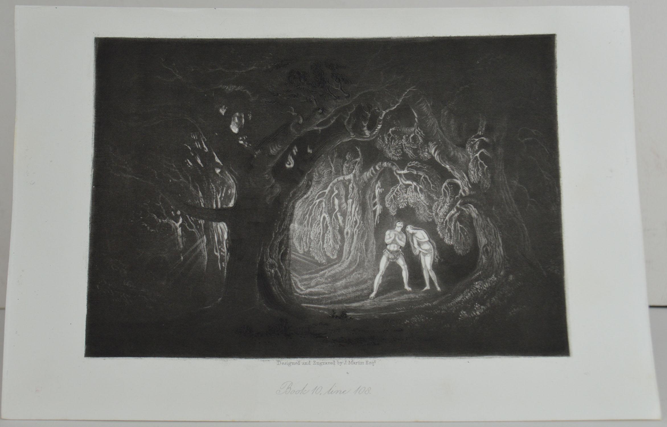 Sensational image by John Martin.

Titled: Adam Hearing the Voice of the Almighty

Drawn and engraved by John Martin. From the highly regarded Washbourne Publication of Milton's Paradise Lost, 1853.

Unframed.
 
 