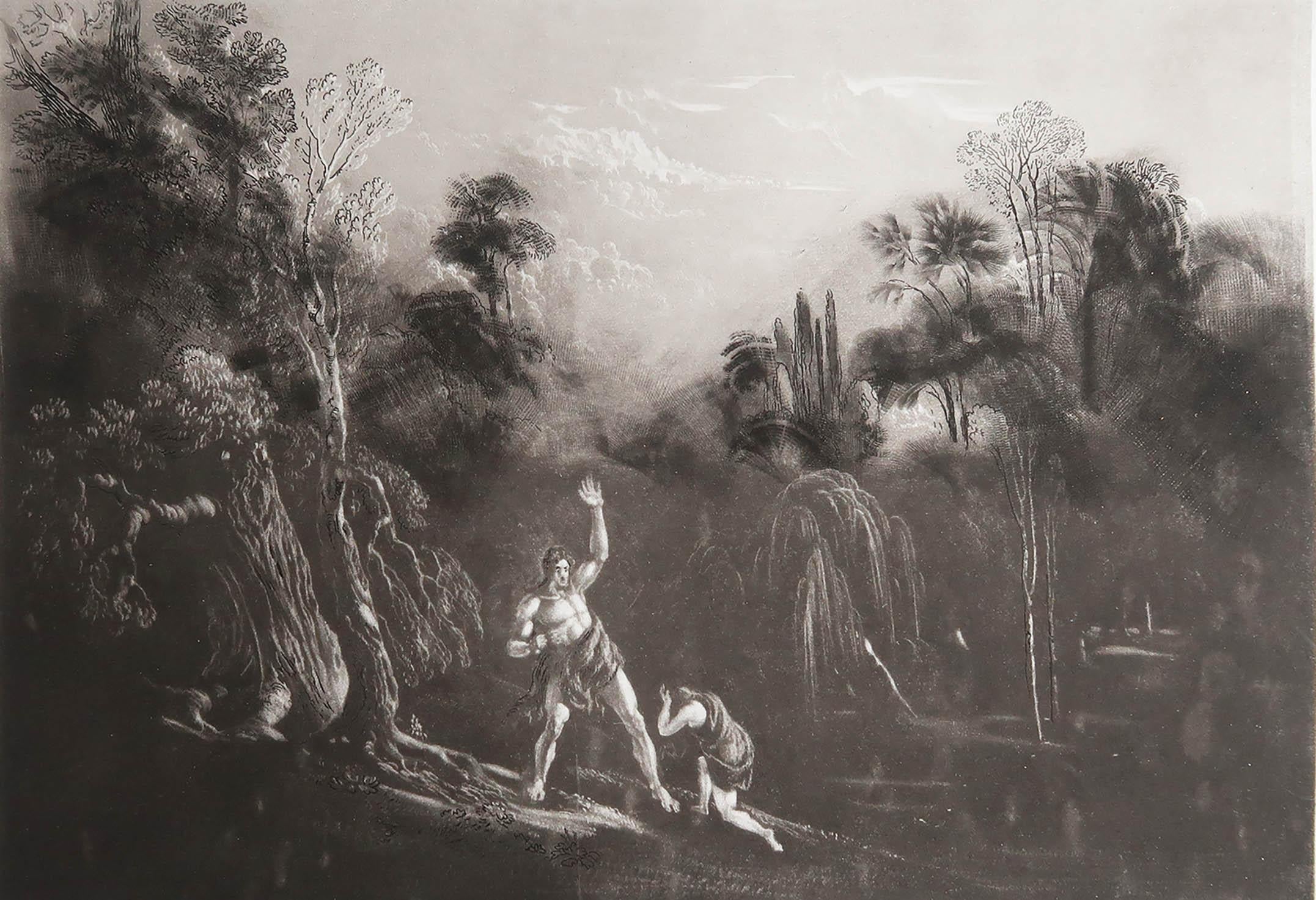 Sensational image by John Martin.

Titled: Adam Reproving Eve

Drawn and engraved by John Martin. From the highly regarded Washbourne Publication of Milton's Paradise Lost, 1853.

Unframed.

  