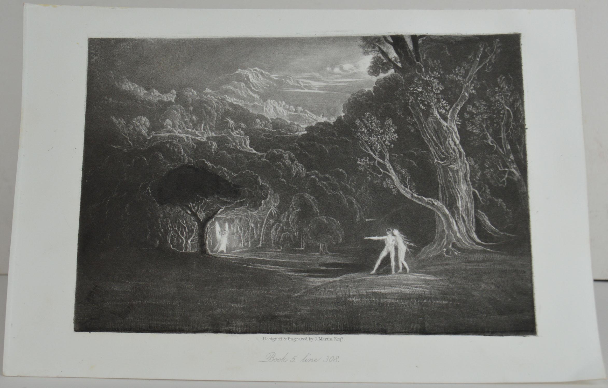 Sensational image by John Martin.

Titled: Approach of The Angel Raphael

Drawn and engraved by John Martin. From the highly regarded Washbourne Publication of Milton's Paradise Lost, 1853.

Unframed.

 