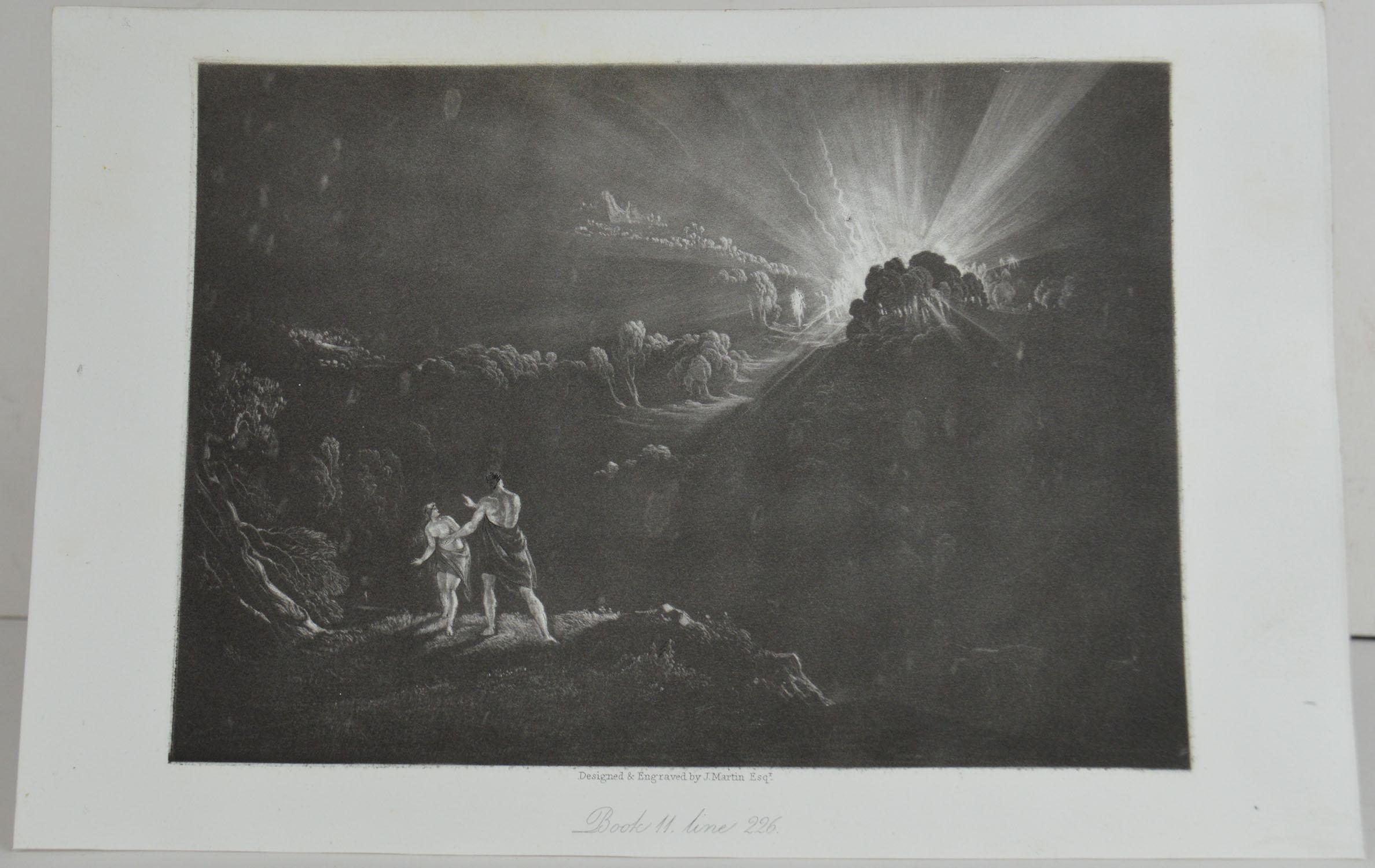 Sensational image by John Martin.

Titled: Approach of The Arch-Angel Michael

Drawn and engraved by John Martin. From the highly regarded Washbourne Publication of Milton's Paradise Lost, 1853.

Unframed.

 