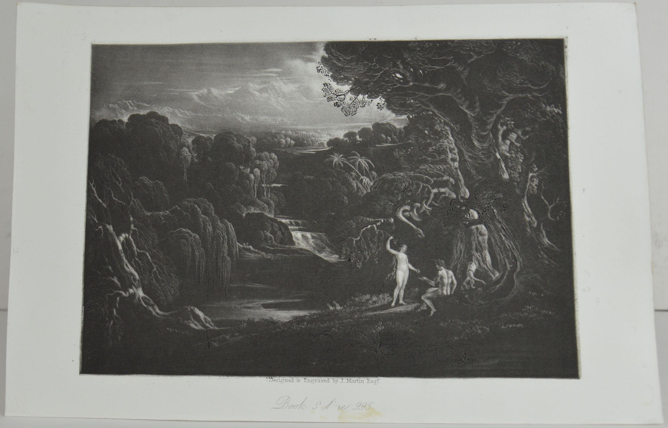 Sensational image by John Martin.

Titled: Eve Presenting The Forbidden Fruit To Adam

Drawn and engraved by John Martin. From the highly regarded Washbourne Publication of Milton's Paradise Lost, 1853.

Unframed.
 
  
