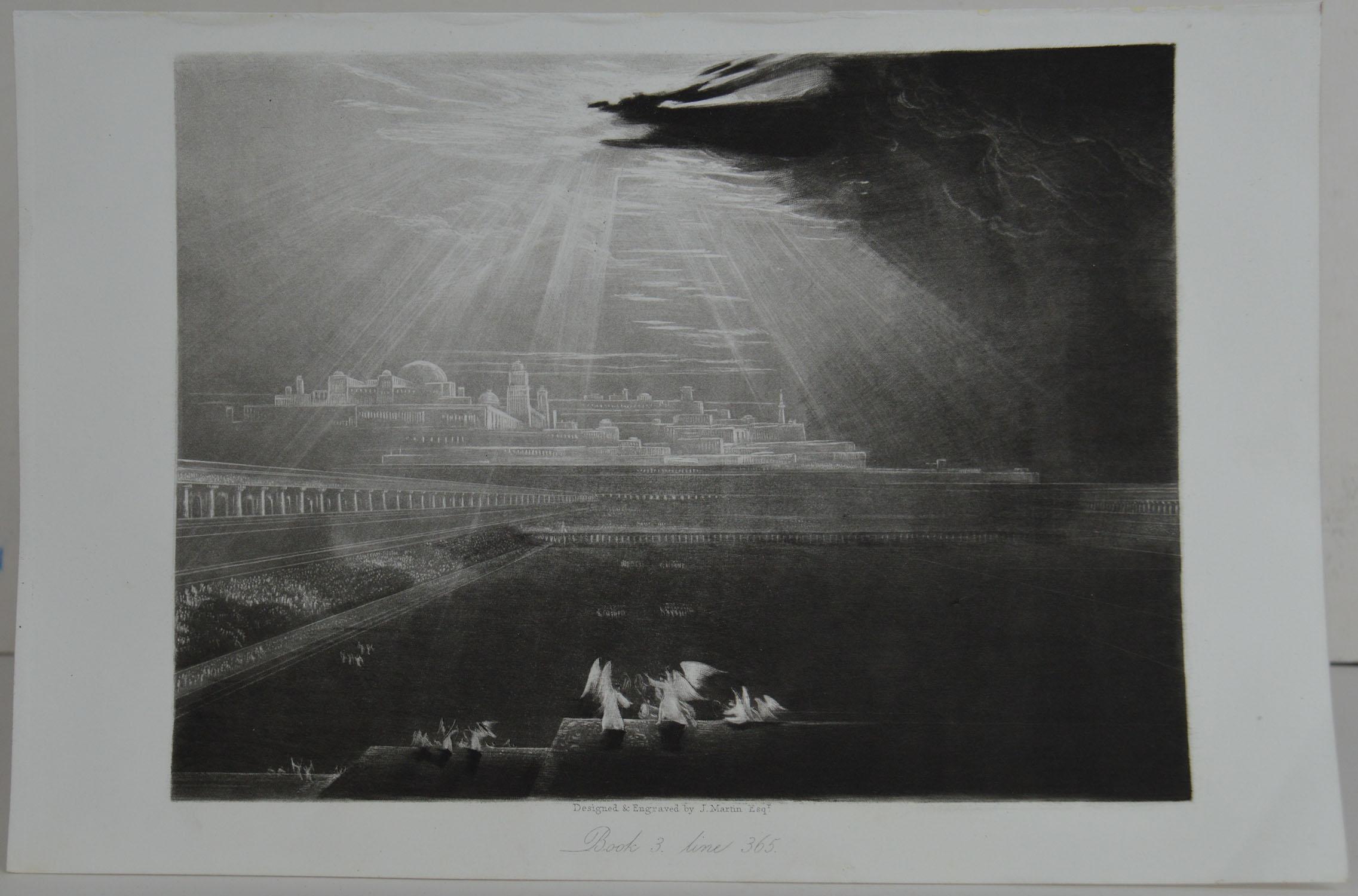 Sensational image by John Martin.

Titled Heaven-Rivers of Bliss

Drawn and engraved by John Martin. From the highly regarded Washbourne Publication of Milton's Paradise Lost, 1853.

Unframed.

      