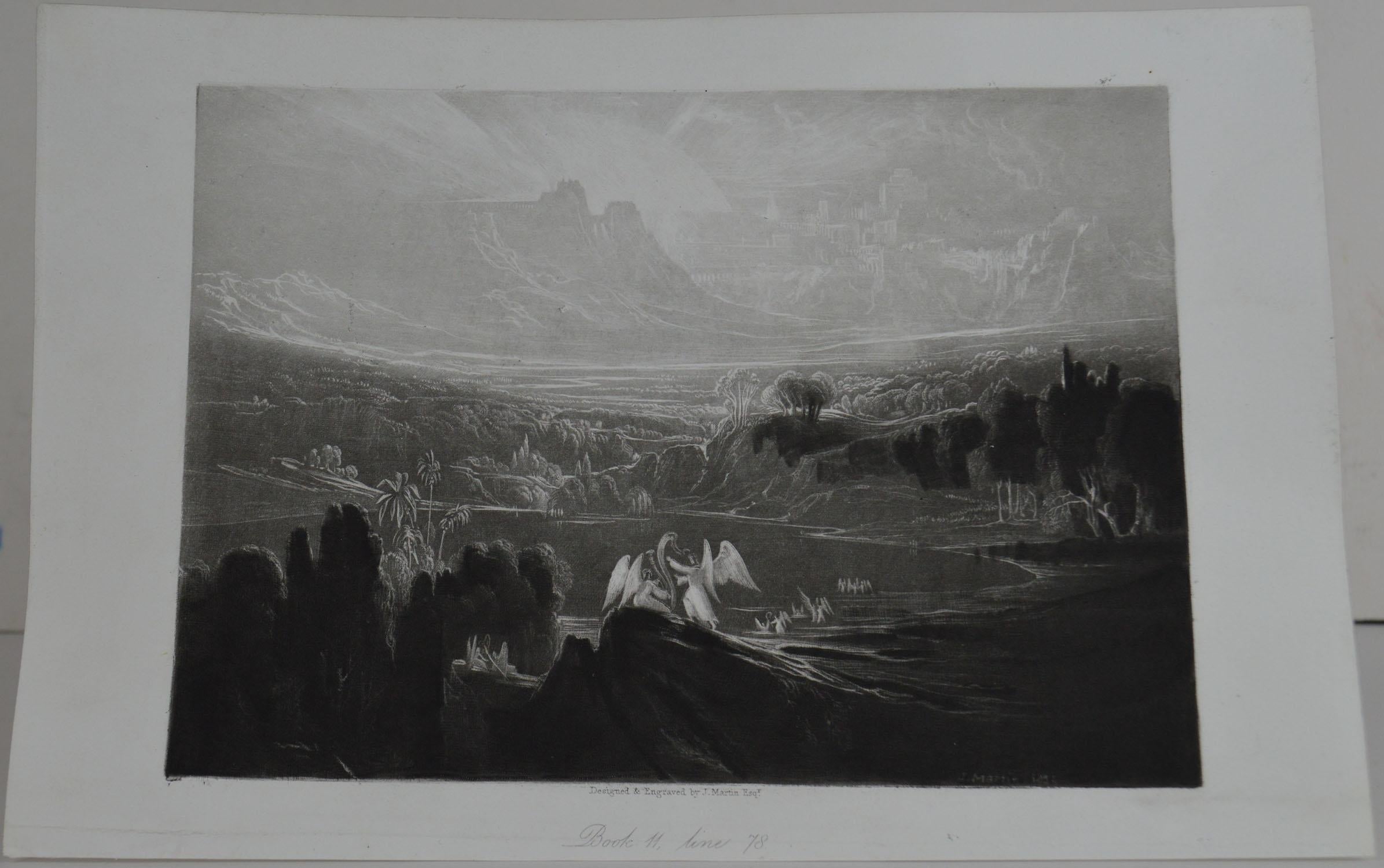 Sensational image by John Martin.

Titled Heaven-Rivers of Bliss

Drawn and engraved by John Martin. From the highly regarded Washbourne Publication of Milton's Paradise Lost, 1853.

Unframed.

 