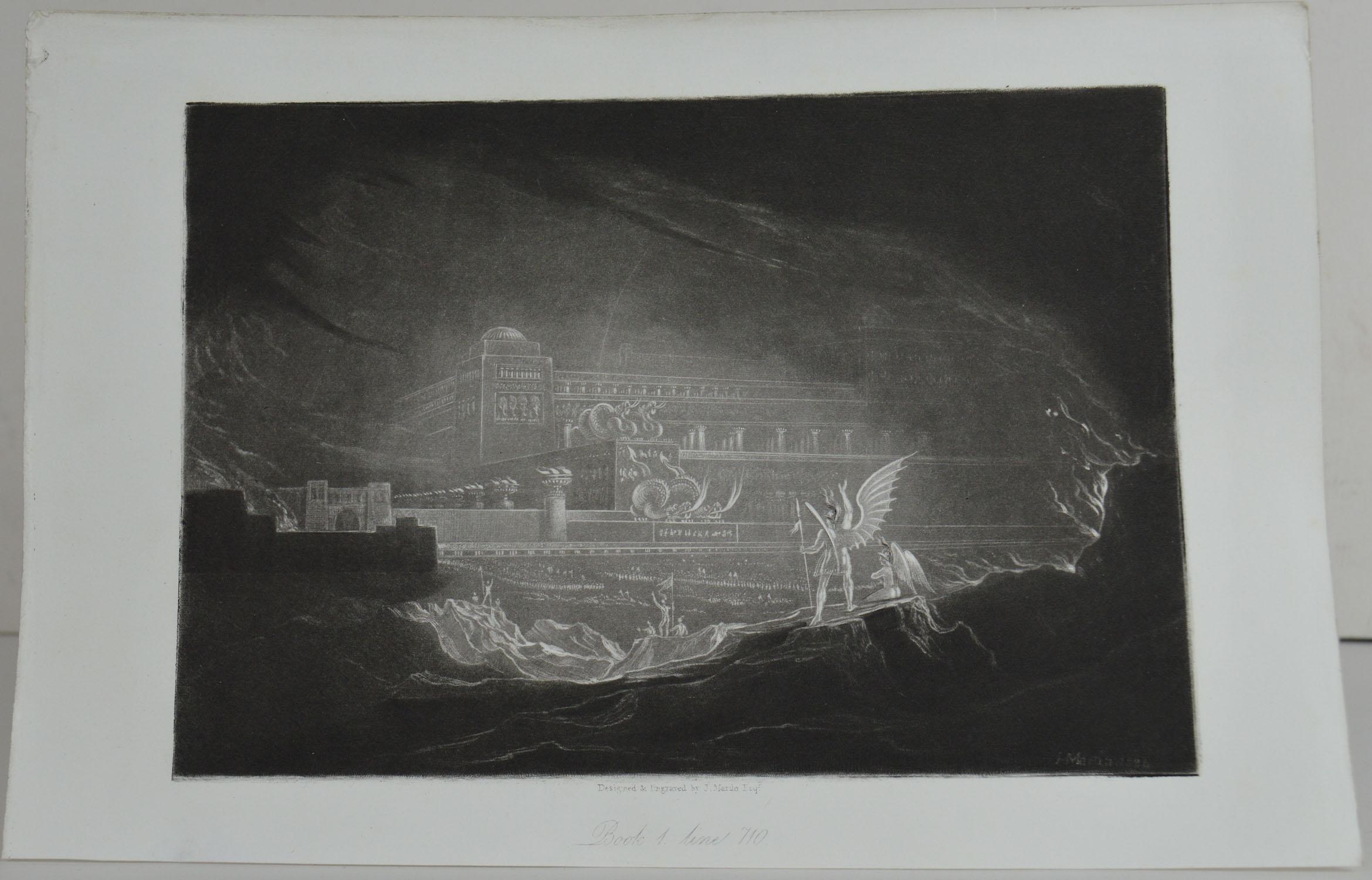 Sensational image by John Martin.

Titled Pandemonium

Drawn and engraved by John Martin. From the highly regarded Washbourne Publication of Milton's Paradise Lost, 1853.

Unframed.

 