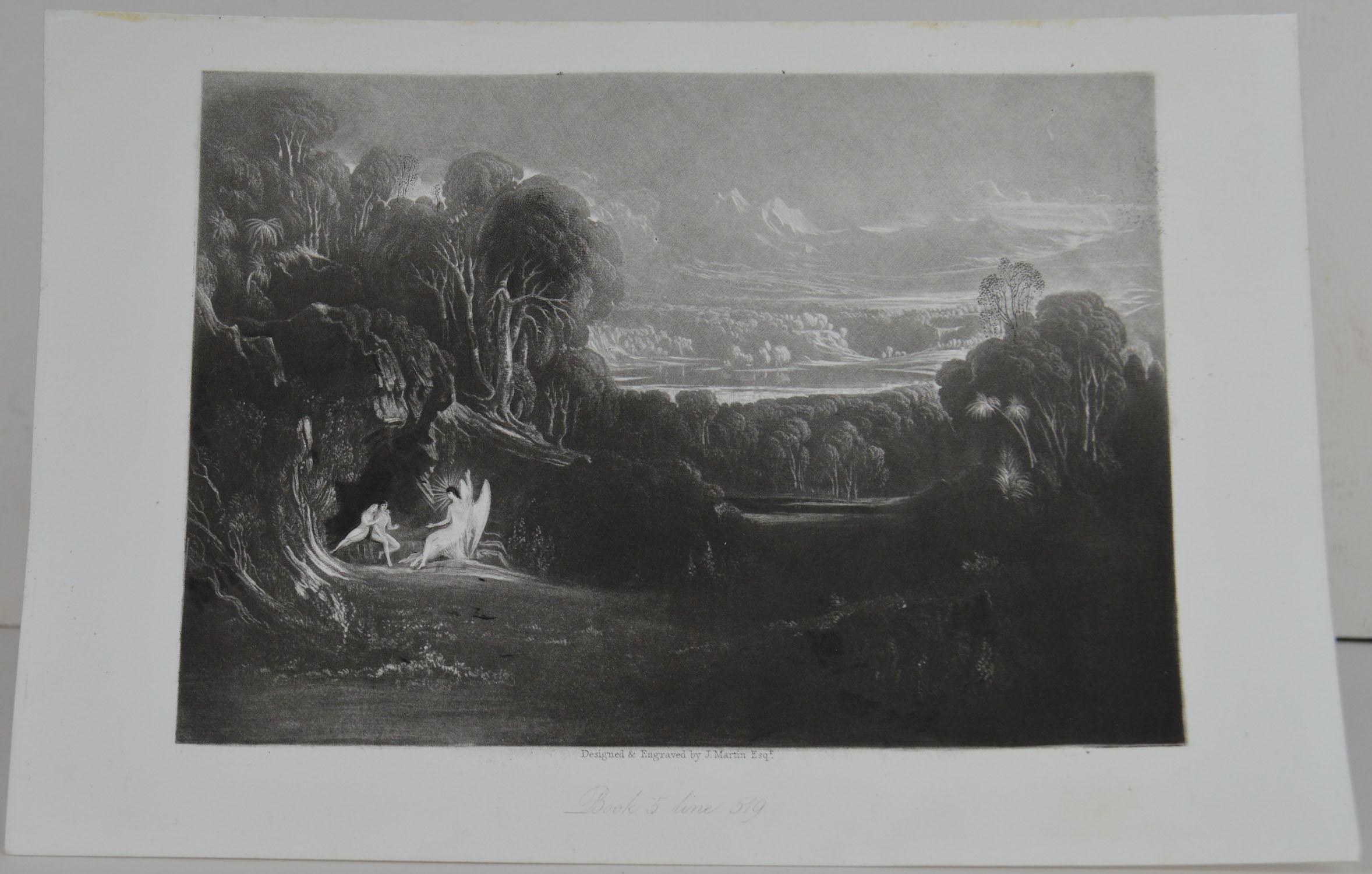 Sensational image by John Martin.

Titled Raphael Conversing with Adam and Eve

Drawn and engraved by John Martin. From the highly regarded Washbourne Publication of Milton's Paradise Lost, 1853.

Unframed.

   