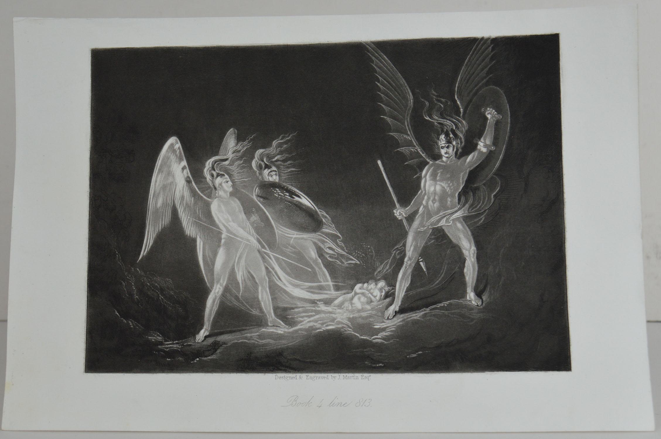 Sensational image by John Martin.

Titled Satan Aroused

Drawn and engraved by John Martin. From the highly regarded Washbourne Publication of Milton's Paradise Lost, 1853.

Unframed.

  