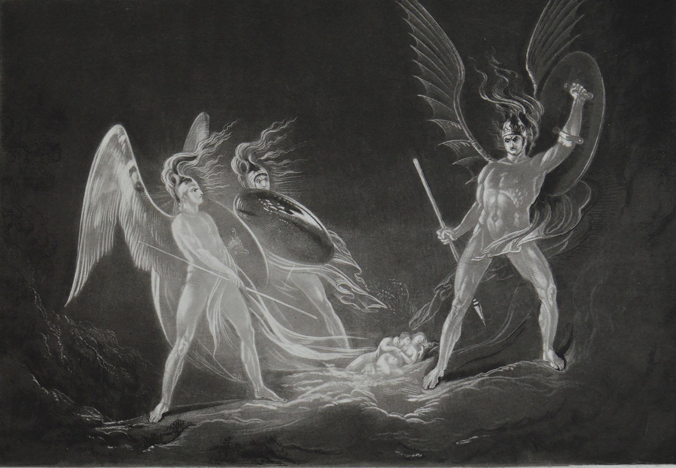 Romantic Mezzotint by John Martin, Satan Aroused, Washbourne, 1853