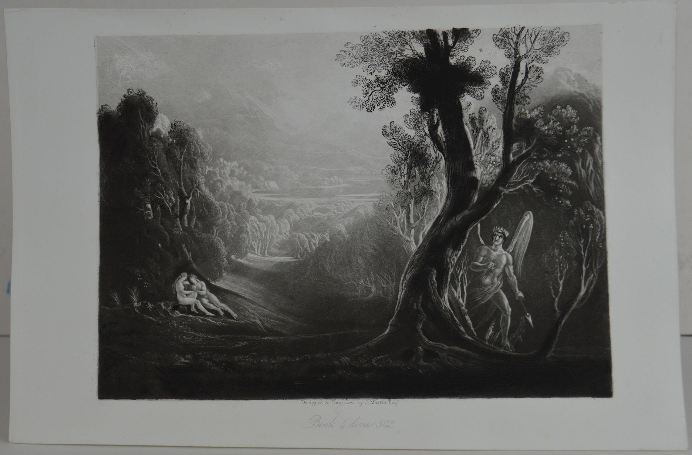 Sensational image by John Martin.

Titled: Satan Contemplating Adam and Eve in Paradise

Drawn and engraved by John Martin. From the highly regarded Washbourne Publication of Milton's Paradise Lost, 1853.

Unframed.

 