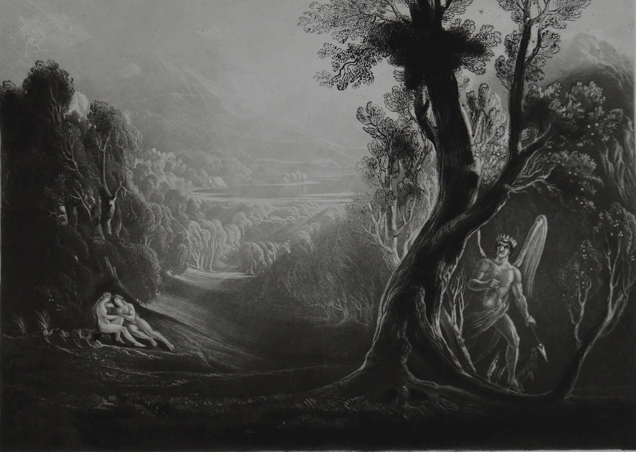 Romantic Mezzotint by John Martin, Satan Contemplating Adam and Eve, Washbourne, 1853