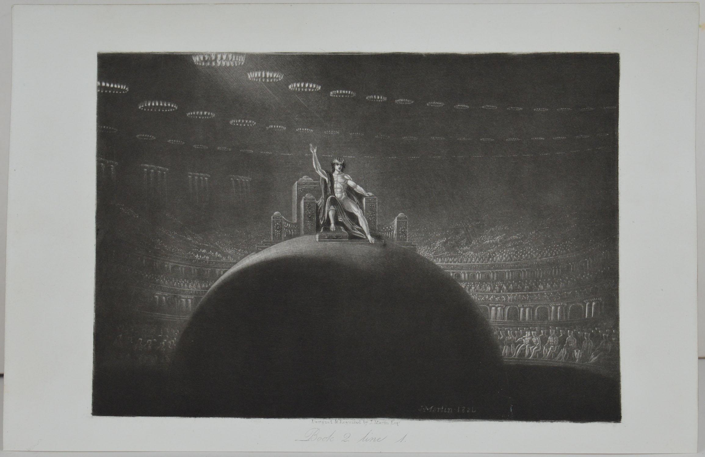 Sensational image by John Martin.

Titled Satan on His Throne

This is my personal favorite from the collection of 24. The others are listed on the site.

Drawn and engraved by John Martin. From the highly regarded Washbourne Publication of