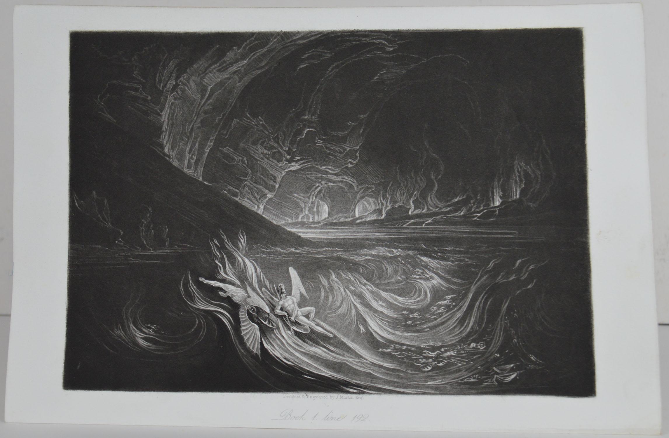 Sensational image by John Martin.

Titled Satan on the Burning Lake

Drawn and engraved by John Martin. From the highly regarded Washbourne Publication of Milton's Paradise Lost, 1853.

Unframed.

 