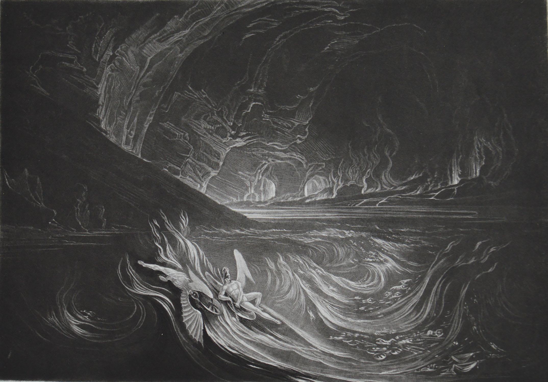 Romantic Mezzotint by John Martin, Satan on the Burning Lake, Washbourne, 1853