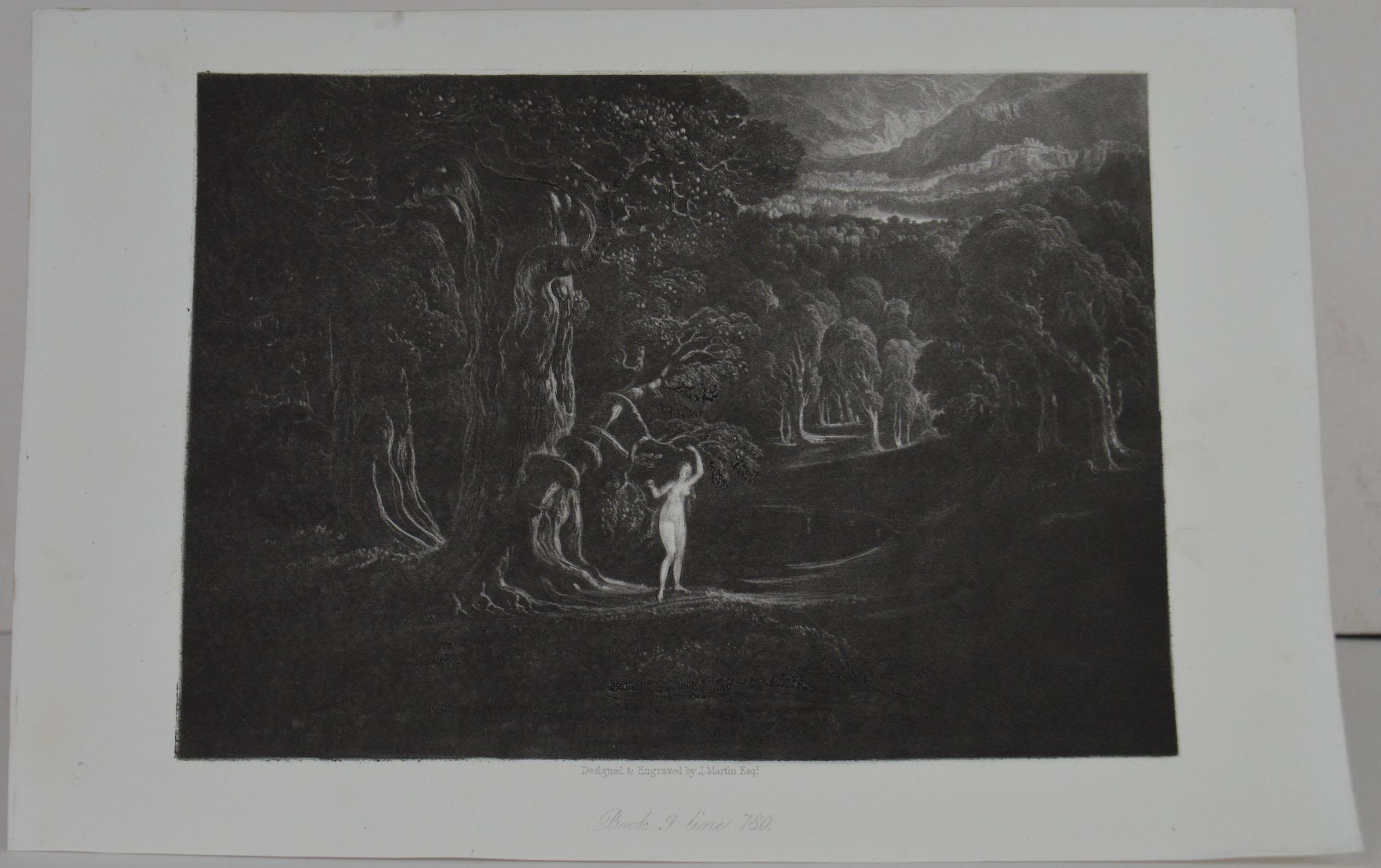 Sensational image by John Martin.

Titled Satan Tempting Eve

Drawn and engraved by John Martin. From the highly regarded Washbourne Publication of Milton's Paradise Lost, 1853.

Unframed.

 