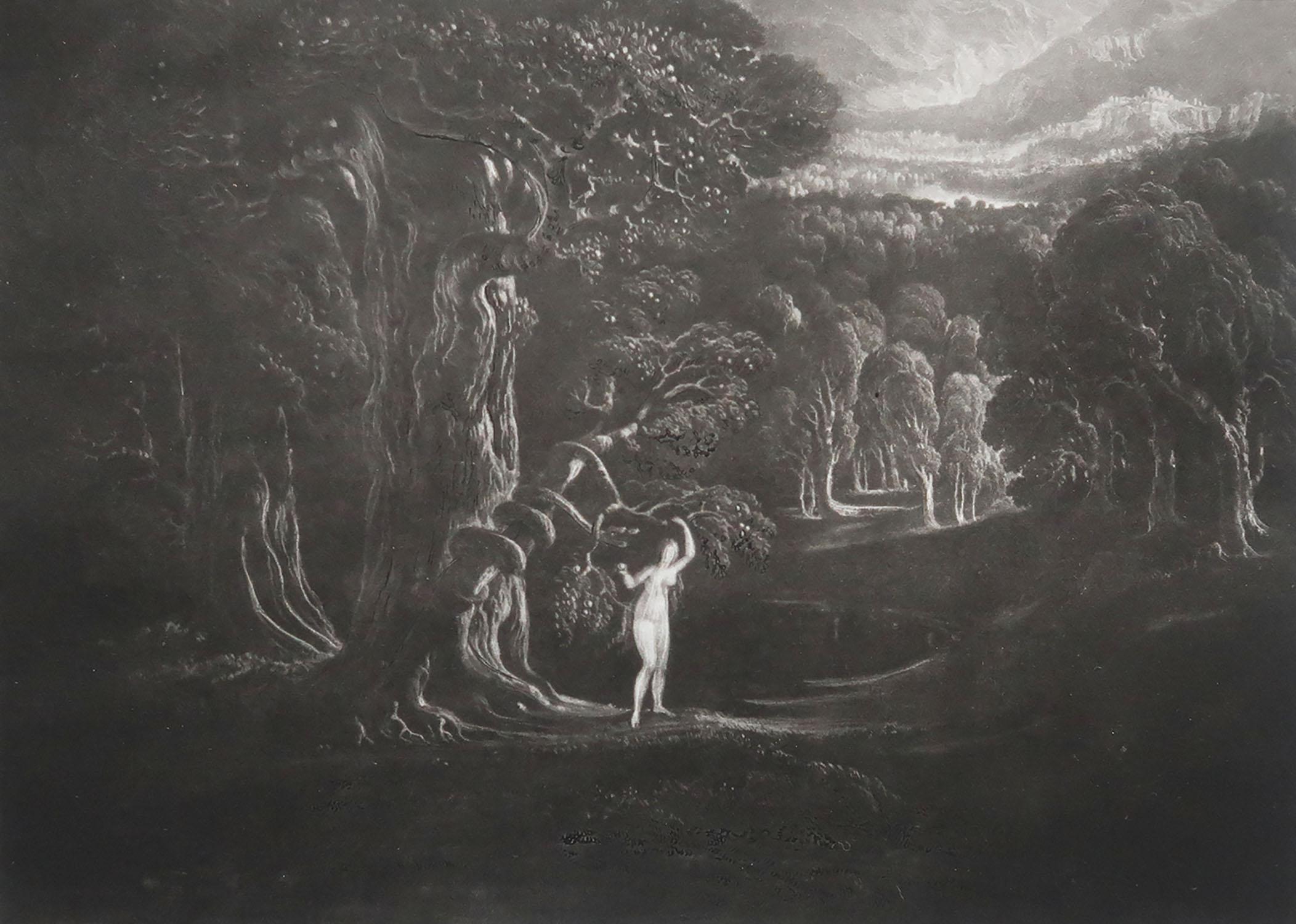 Sensational image by John Martin.

Titled Satan Tempting Eve

Drawn and engraved by John Martin. From the highly regarded Washbourne Publication of Milton's Paradise Lost, 1853.

Unframed.

