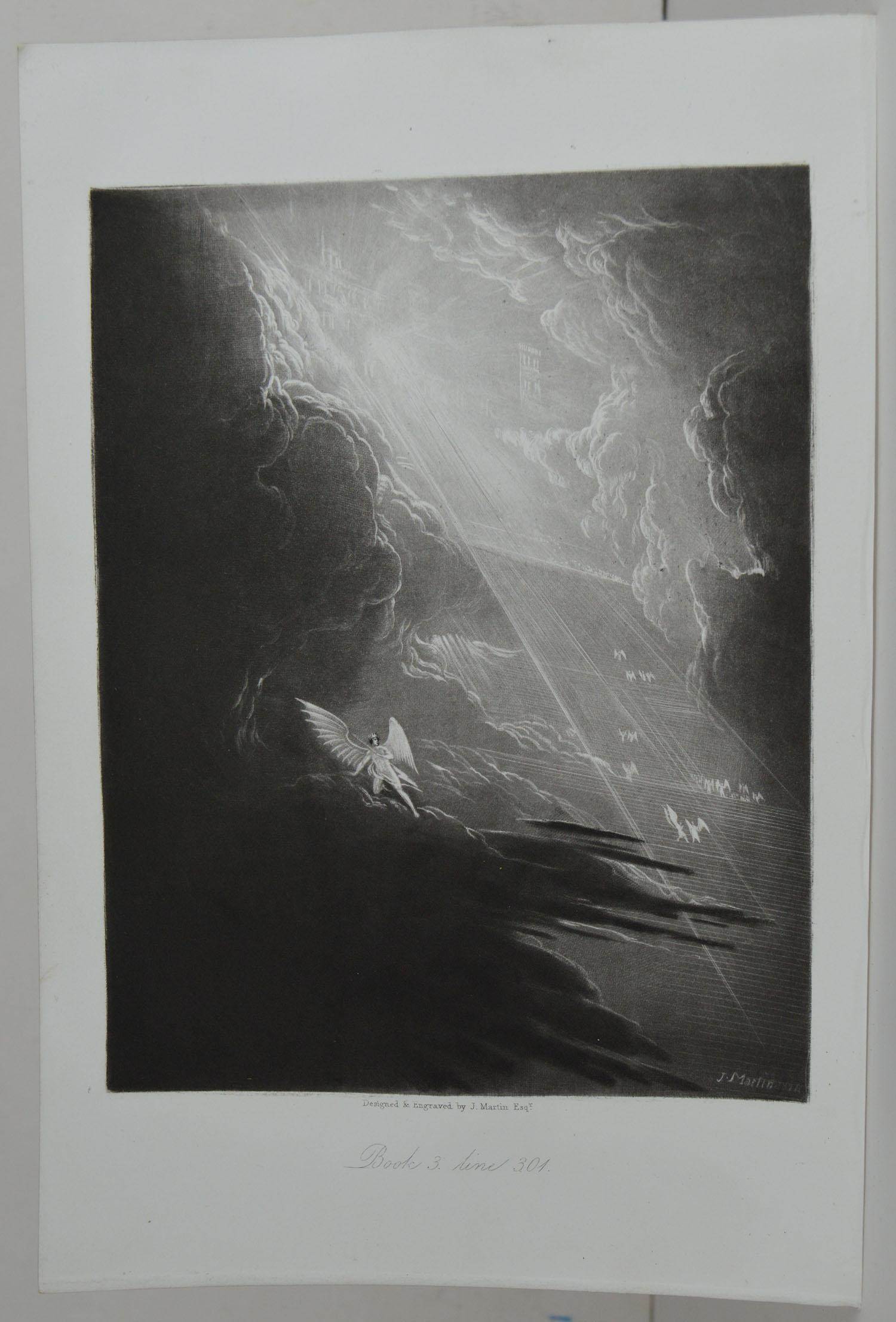 Sensational image by John Martin.

Titled Satan Viewing The Ascent to Heaven

Drawn and engraved by John Martin. From the highly regarded Washbourne Publication of Milton's Paradise Lost, 1853.

Unframed.

  