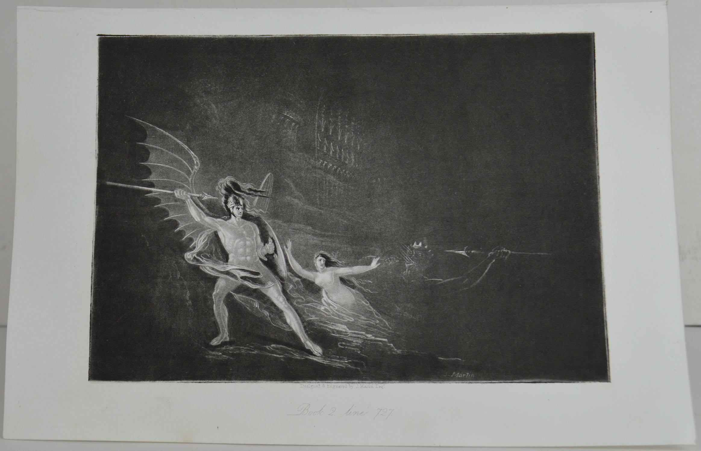 Sensational image by John Martin.

Titled: Sin Preventing The Combat Between Satan And Death

Drawn and engraved by John Martin. From the highly regarded Washbourne Publication of Milton's Paradise Lost, 1853.

Unframed.

 