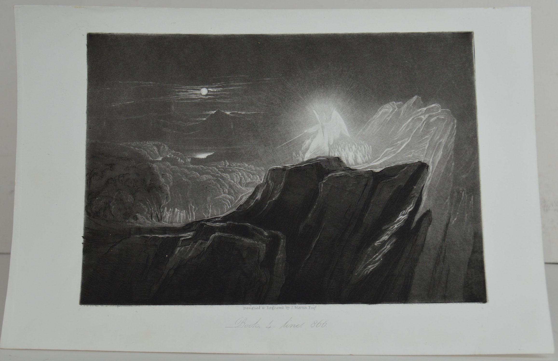 Sensational image by John Martin.

Titled The Angels Guarding Paradise by Night

Drawn and engraved by John Martin. From the highly regarded Washbourne Publication of Milton's Paradise Lost, 1853.

Unframed.

 