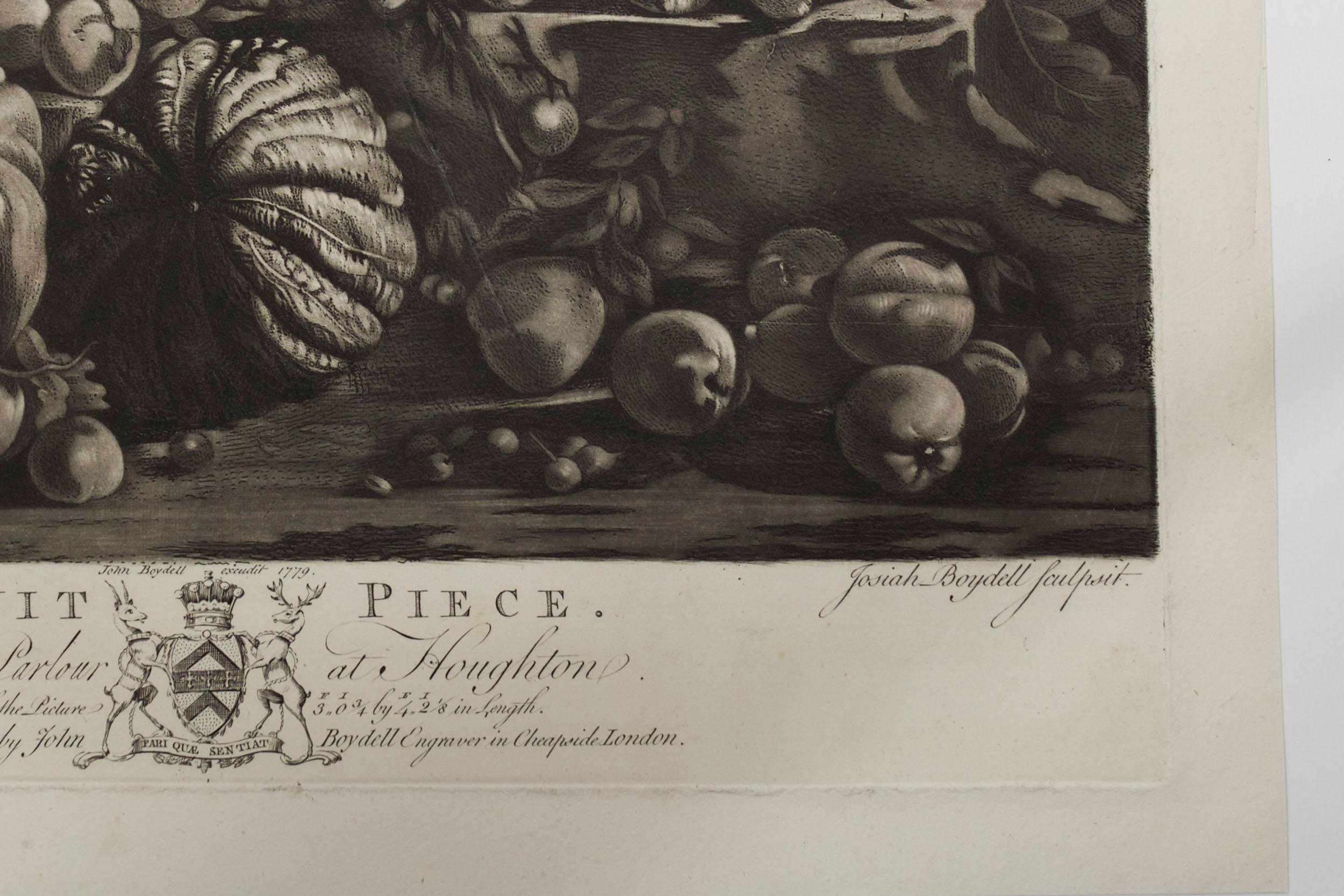 Mezzotinto-Gravur-Radierung „Ein Obststück“ „1779“ von Josiah Boydell im Zustand „Gut“ im Angebot in Shippensburg, PA