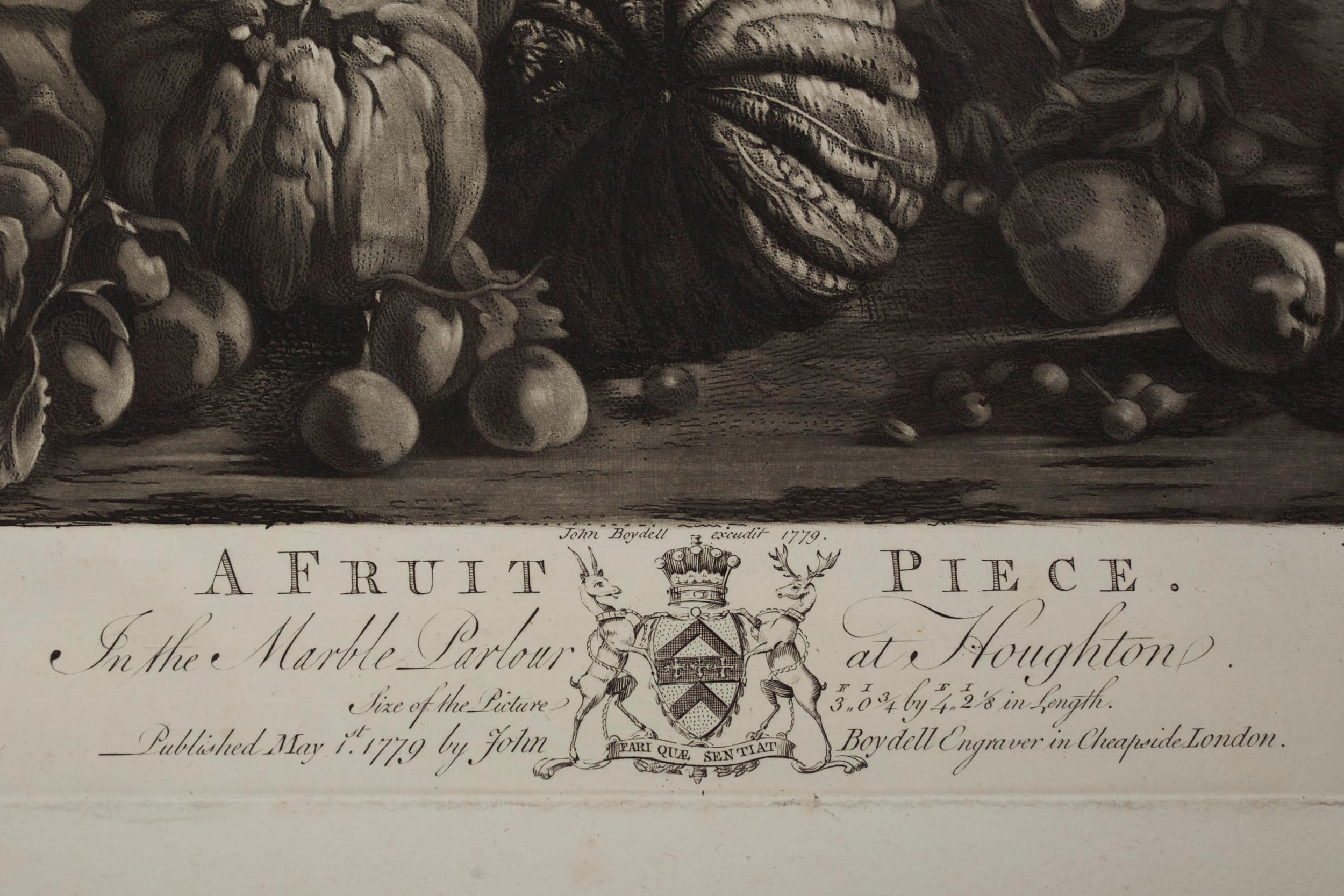 Mezzotinto-Gravur-Radierung „Ein Obststück“ „1779“ von Josiah Boydell (Papier) im Angebot