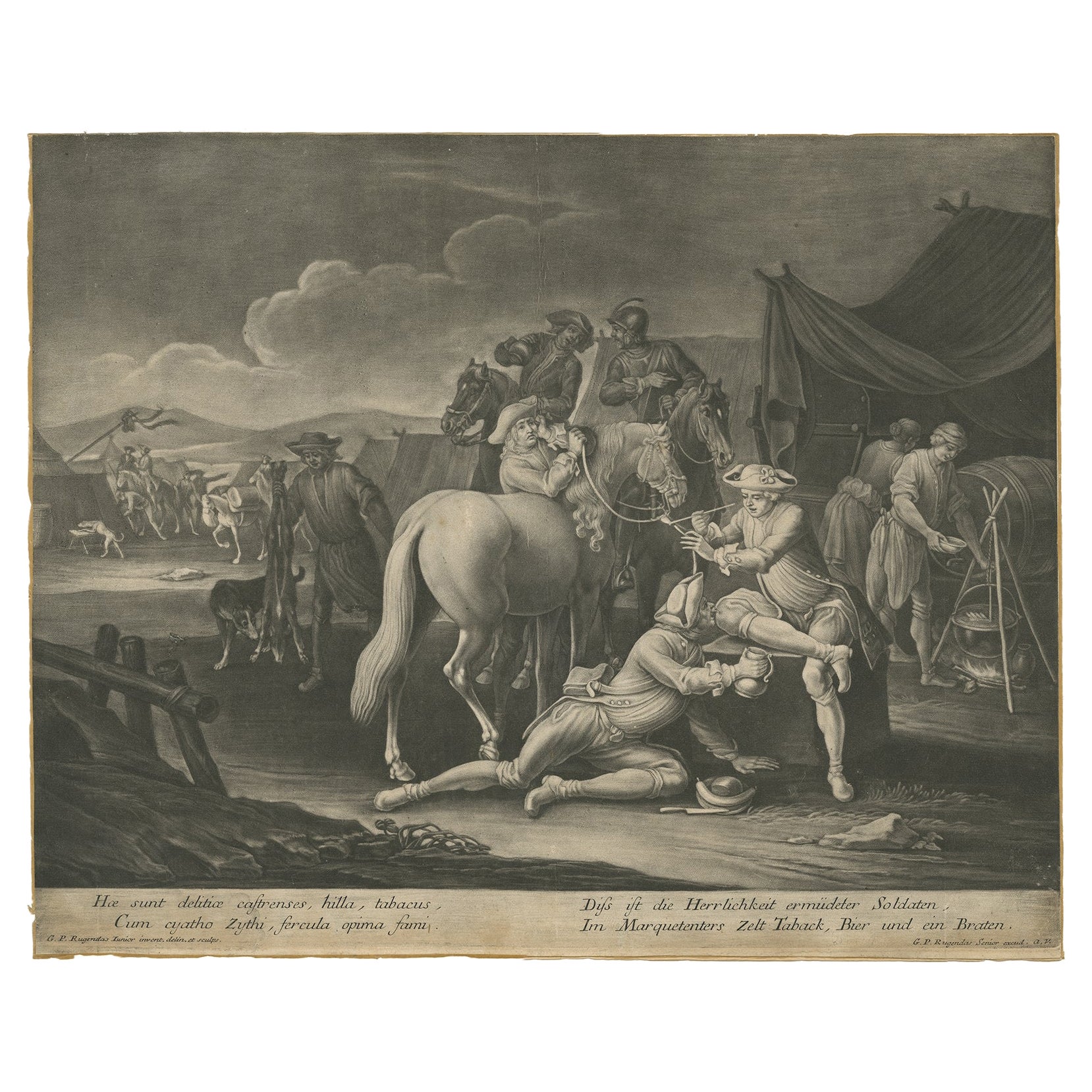 Mezzotint of Soldiers Near the Sutler's Tent for Tobacco, Beer and Meat, ca. 1750