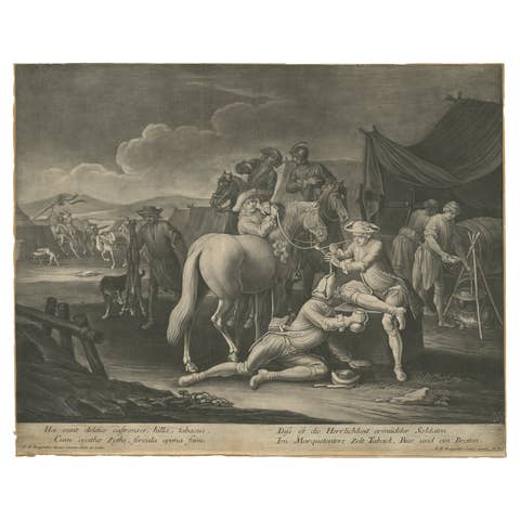 Mezzotint of Soldiers Near the Sutler's Tent for Tobacco, Beer and Meat, Ca.1750