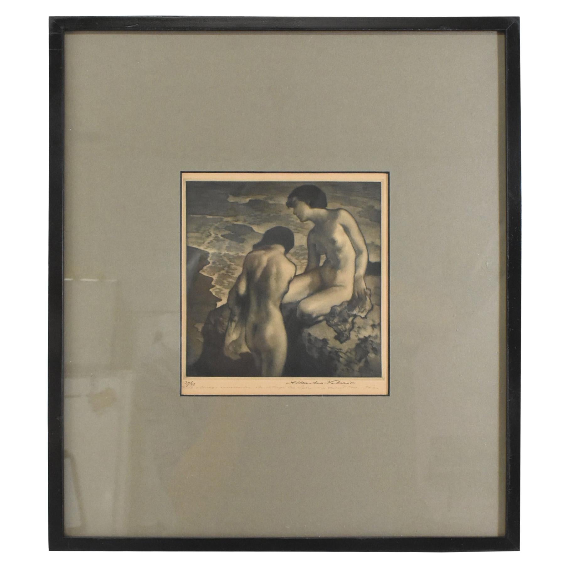 Mezzotint Two Nudes on the Seashore by Alessandro, Mastro Valerio For Sale