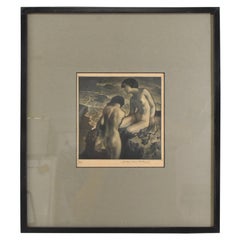 Vintage Mezzotint Two Nudes on the Seashore by Alessandro, Mastro Valerio