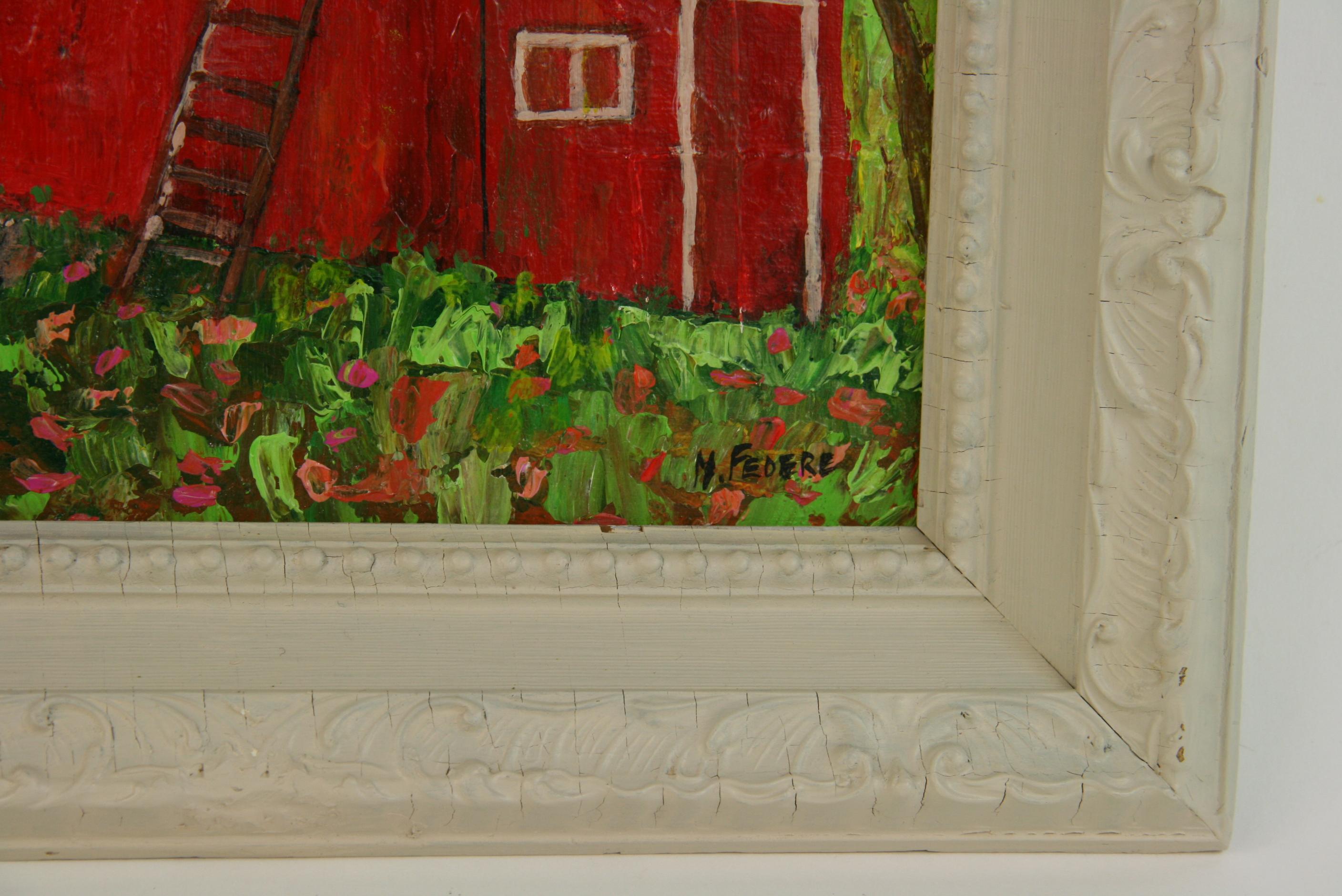 #5-3281a   Rote Scheune, Vintage-Acryl-Palette auf Karton, in einem Holzrahmen, signiert von M. Feders unten rechts, Bildgröße 13,5 H x 9,5 B
Altersbedingte Abnutzung des Rahmens