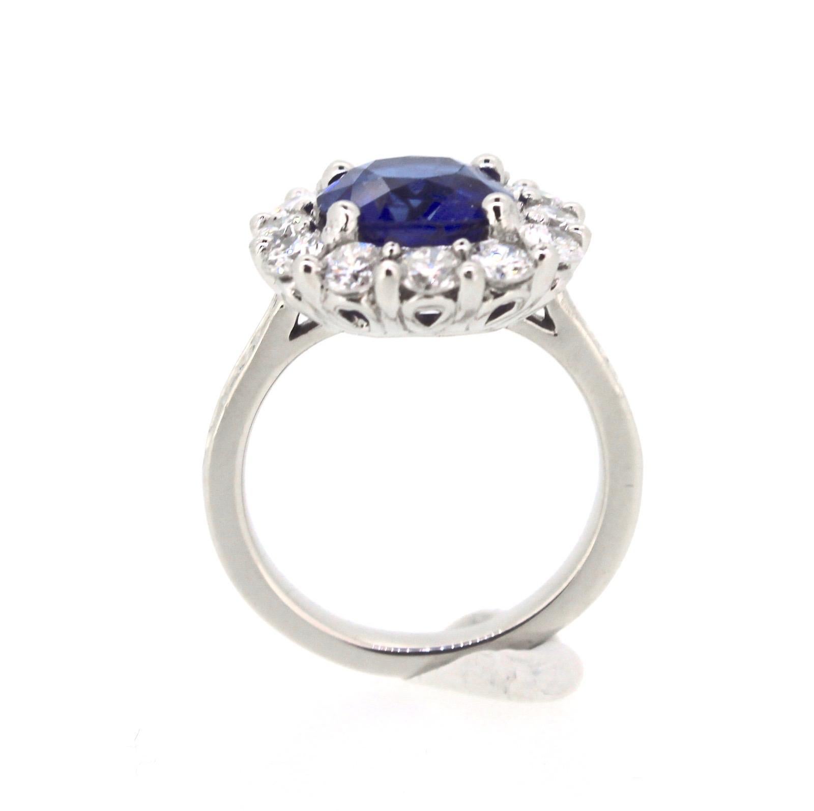 Cushion Cut GCS 2.50ct Sapphire Diamonds Cluster Ring, Platinum