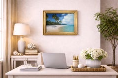 Tropical Beach Ölgemälde Signiert M Gordon, Palme Seelandschaft, Karibikküste